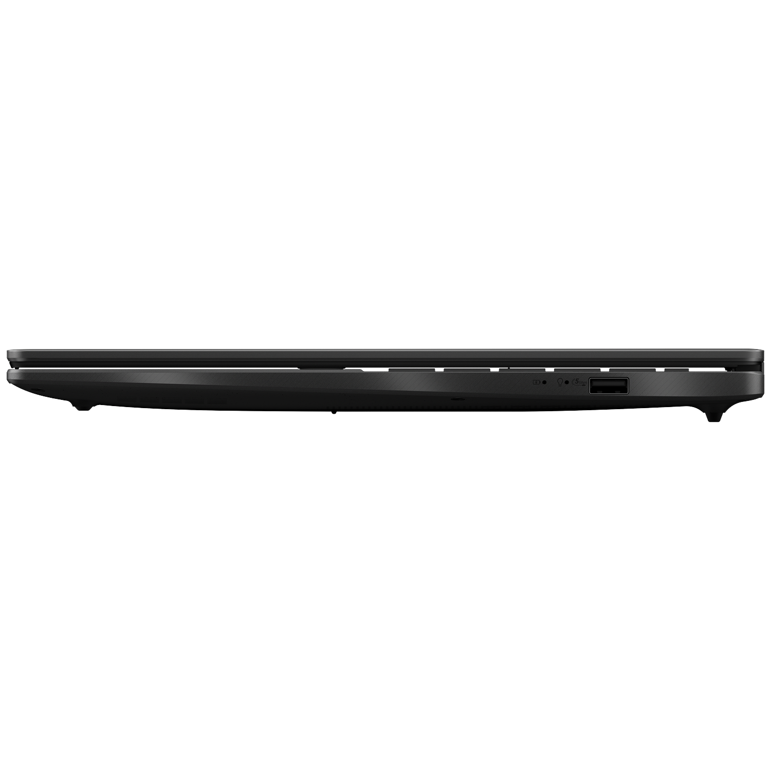 Black laptop in side profile showing ports including USB.