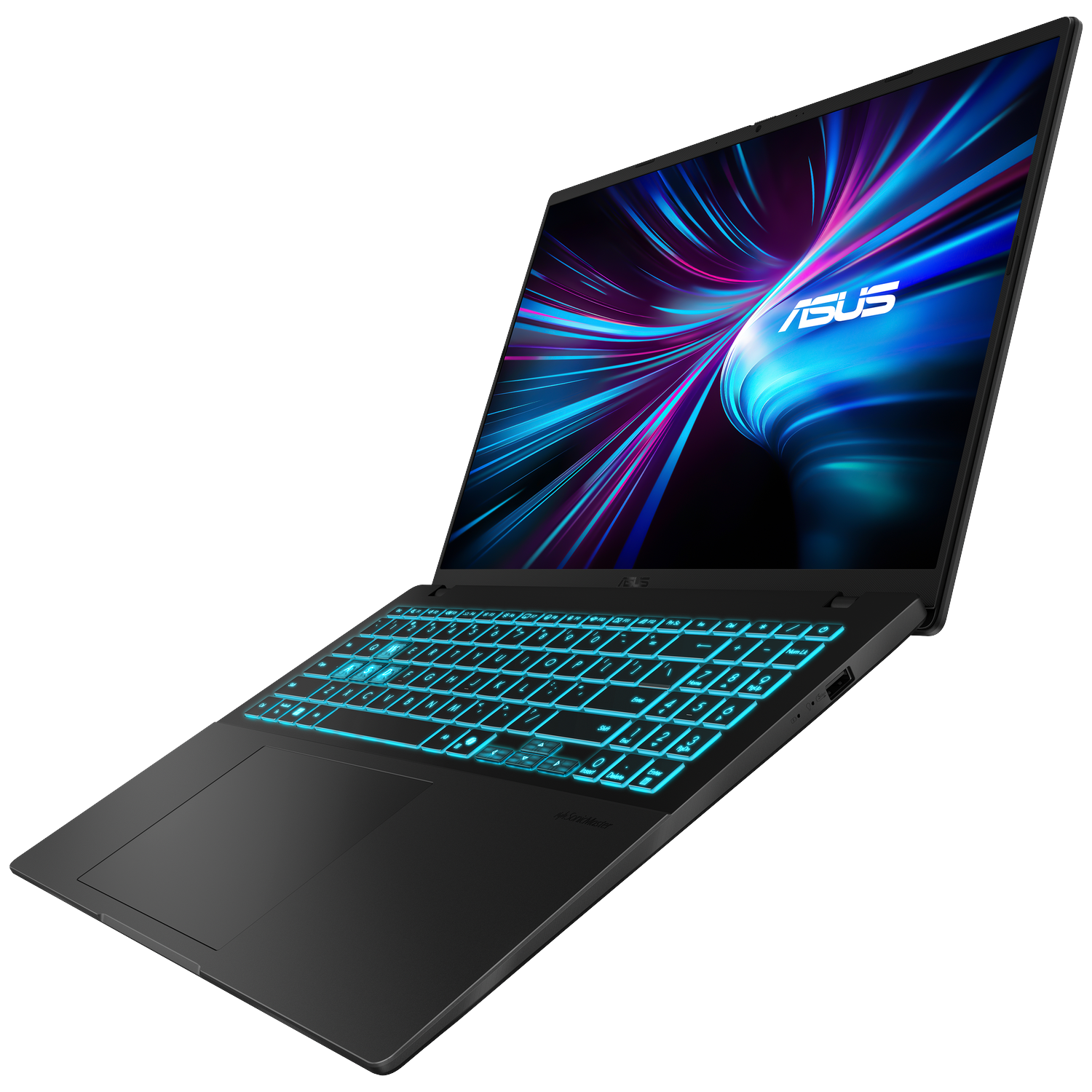 Black Asus laptop with illuminated blue keyboard and vibrant abstract wallpaper.