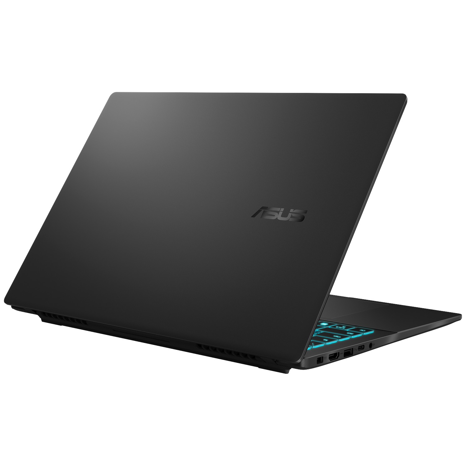 Black laptop with illuminated keyboard and ASUS logo.