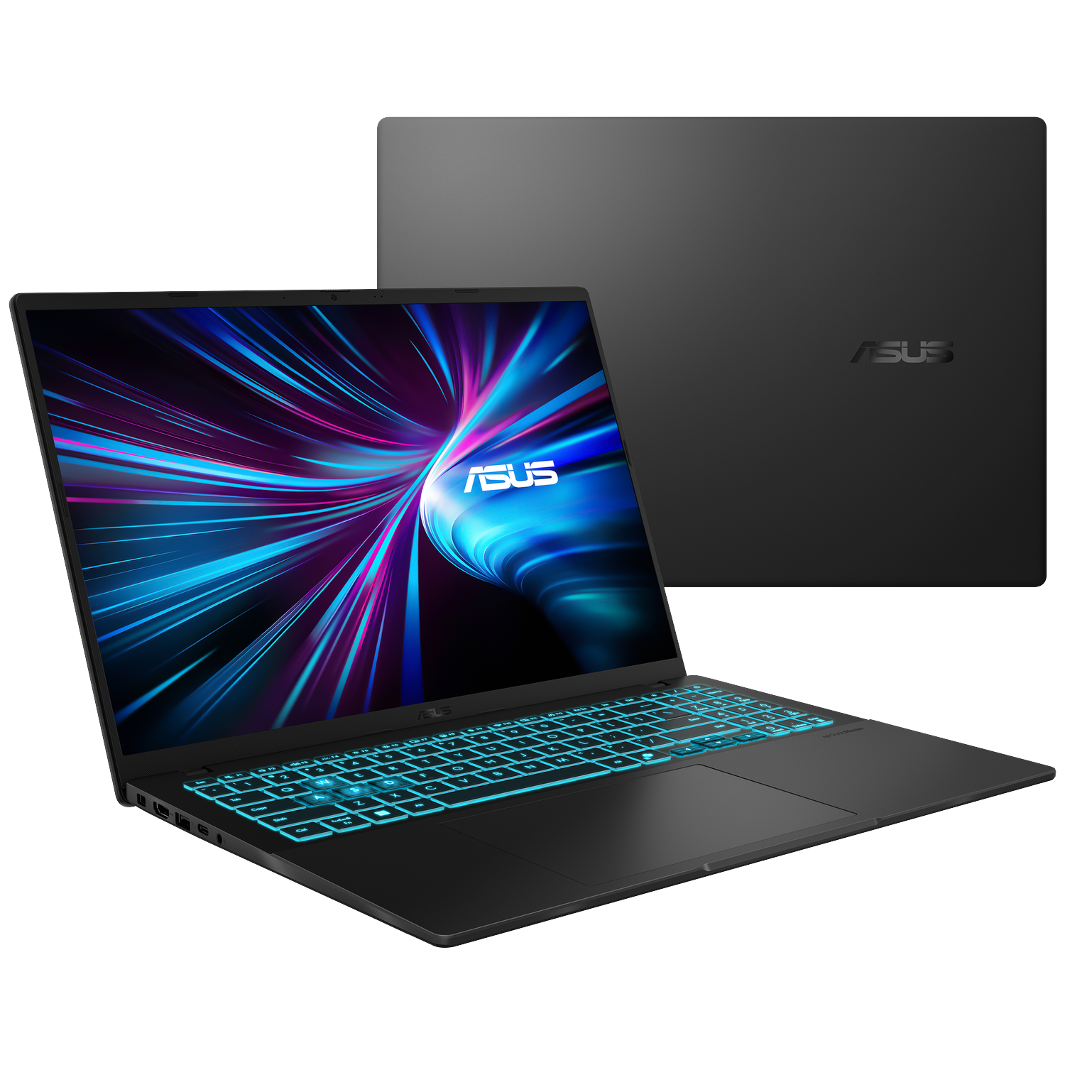 Black laptop with glowing blue keyboard and abstract background.