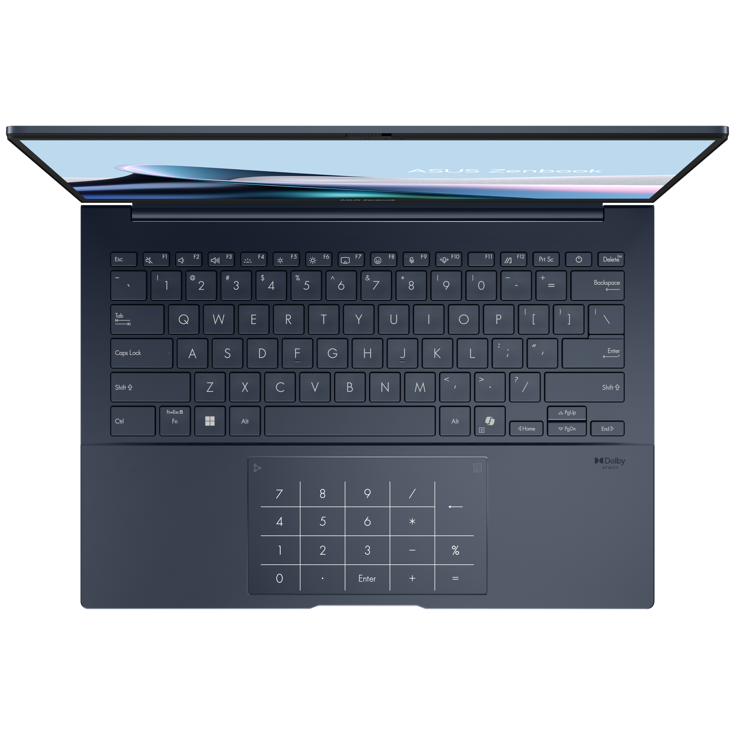 An open dark blue ASUS Zenbook laptop with a backlit keyboard and numeric keypad.