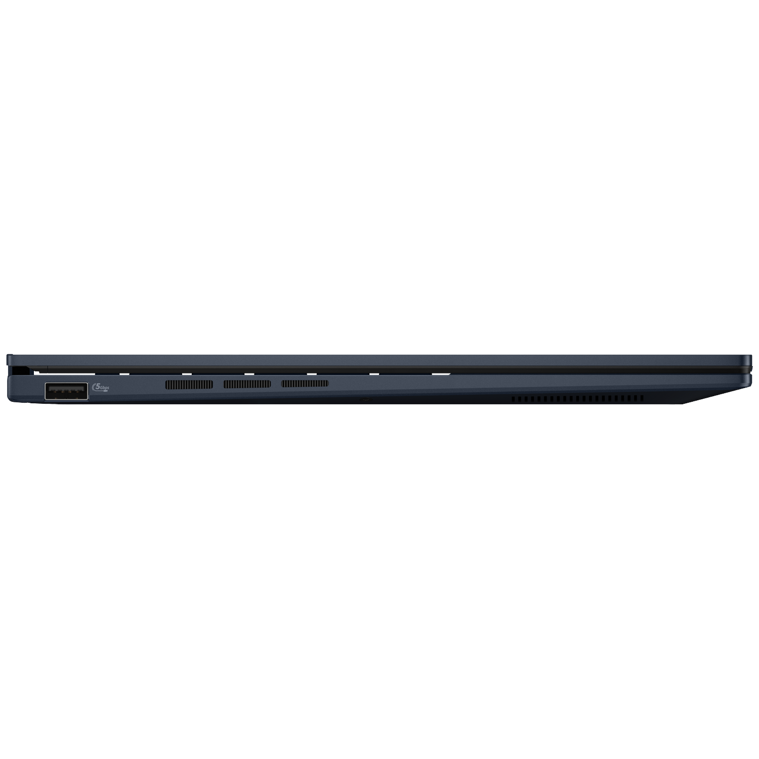 Side of a closed dark blue laptop with a USB port.