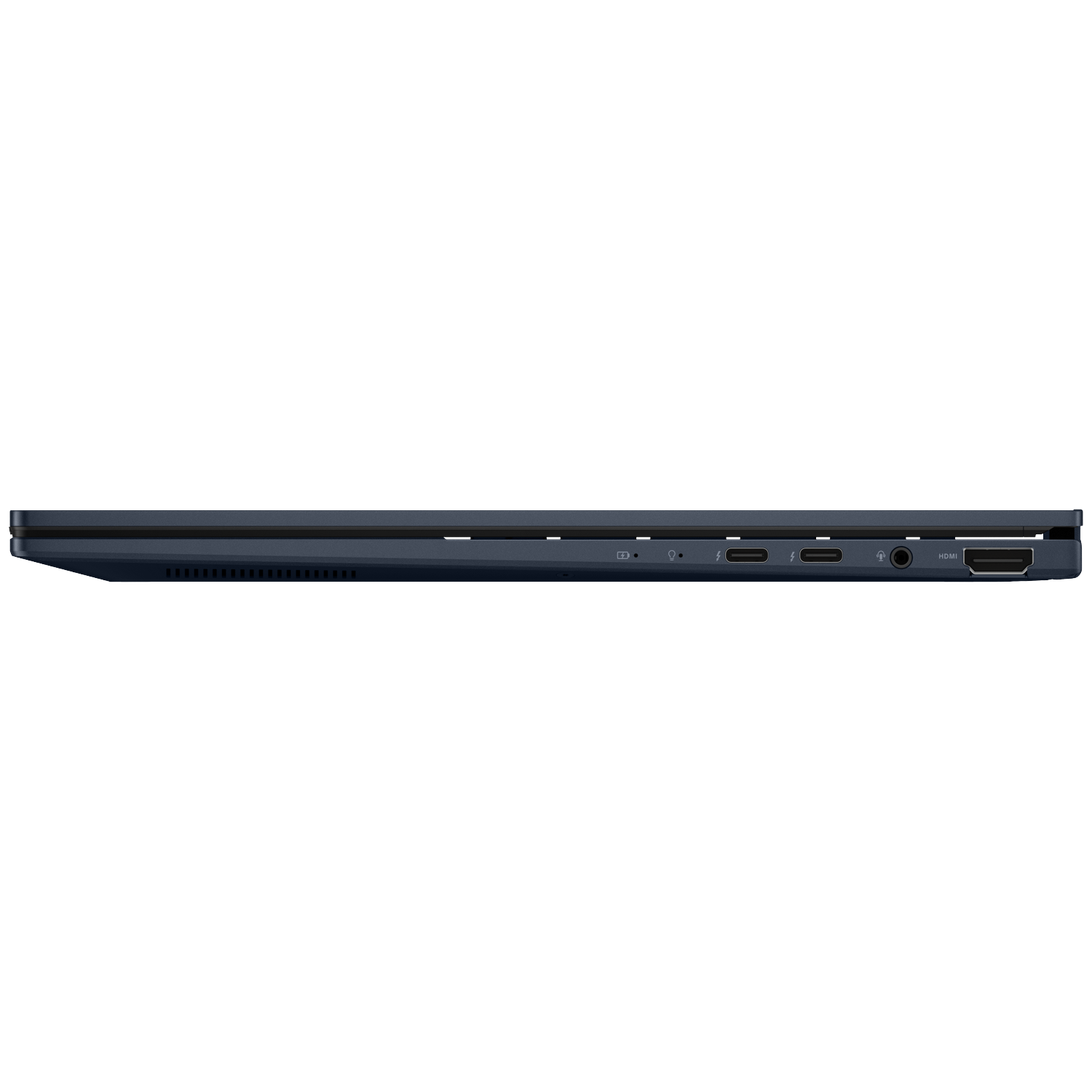Dark blue laptop profile with ports: USB-C, HDMI, and audio jack.