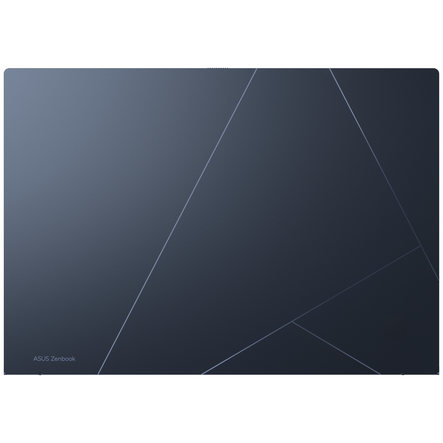 Dark gray laptop lid with geometric pattern and ASUS Zenbook logo.