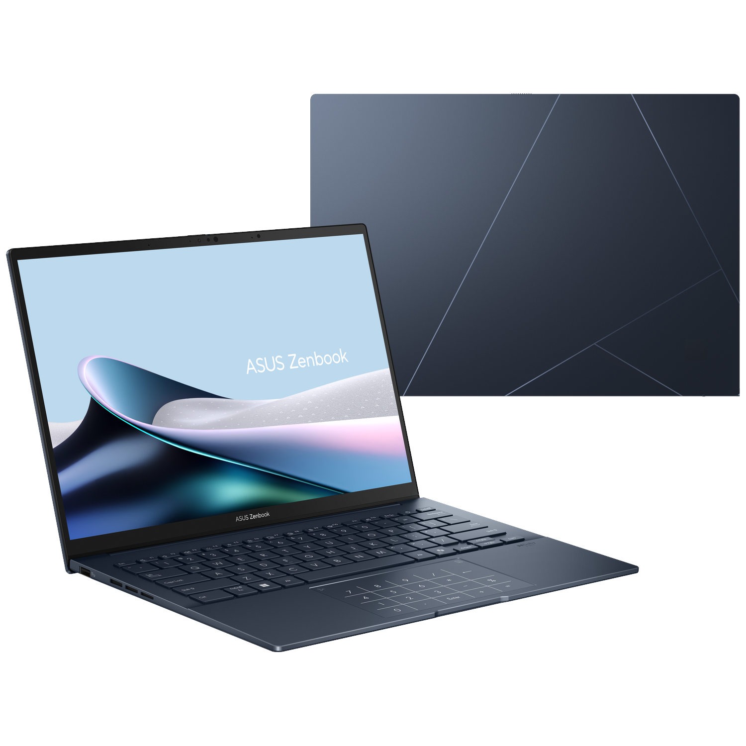 An open dark blue ASUS Zenbook laptop with a stylized wallpaper.
