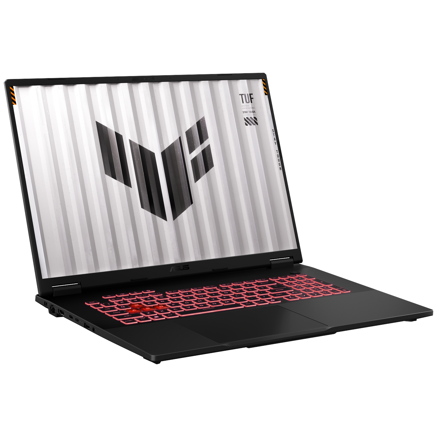 A black Asus TUF laptop with a glowing pink keyboard and a stylized logo on the screen.