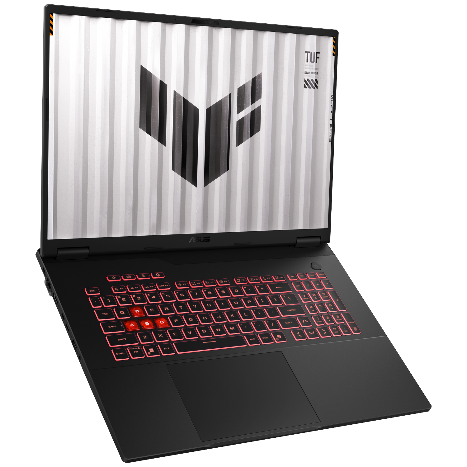 Black laptop with illuminated keyboard and TUF logo on the screen.