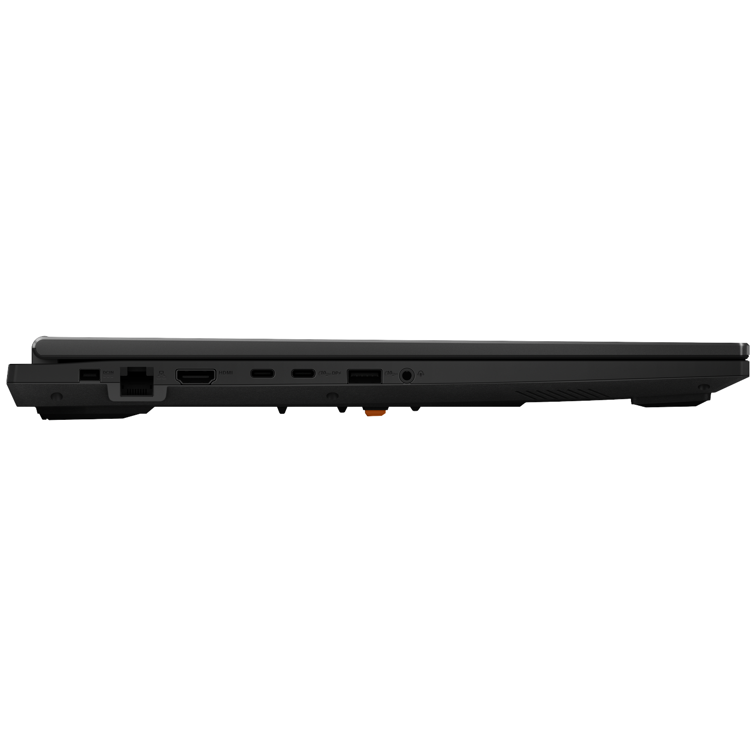 Side view of a black laptop showing ports: DCIN, HDMI, USB-C, audio jack.