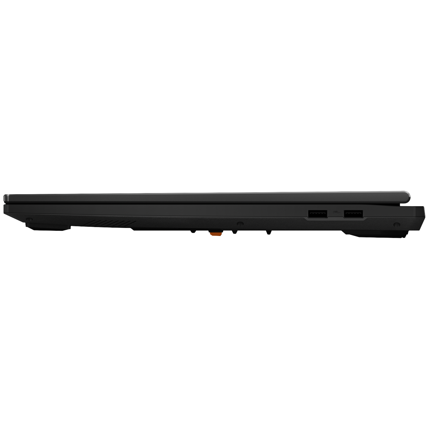 Black laptop shown from the side, revealing USB ports and ventilation.