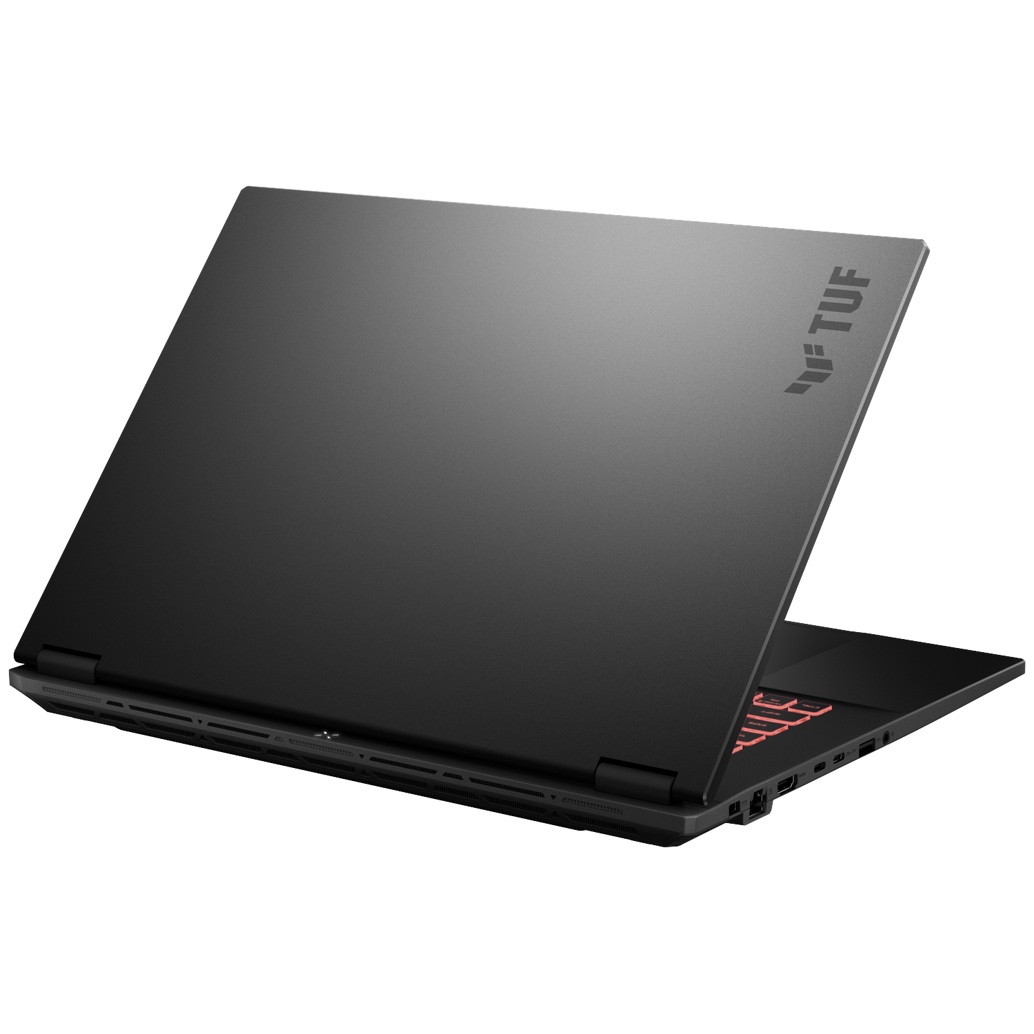 Black laptop, partially open, showing TUF logo and red keyboard backlighting.