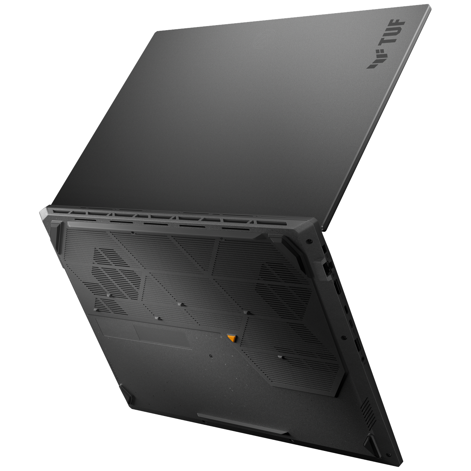 An open, dark laptop with TUF logo on lid, shown from below.
