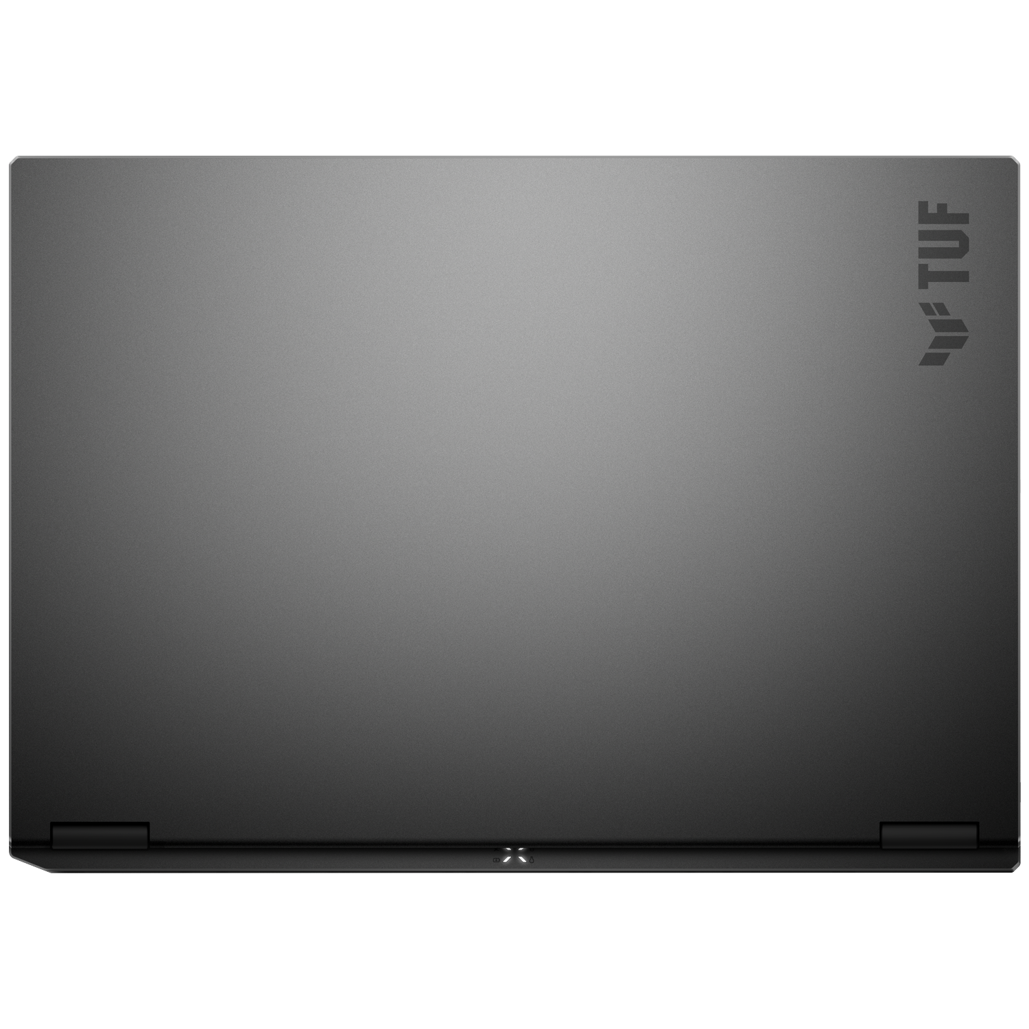 Gray laptop lid with TUF logo on the top right and hinges at the bottom.