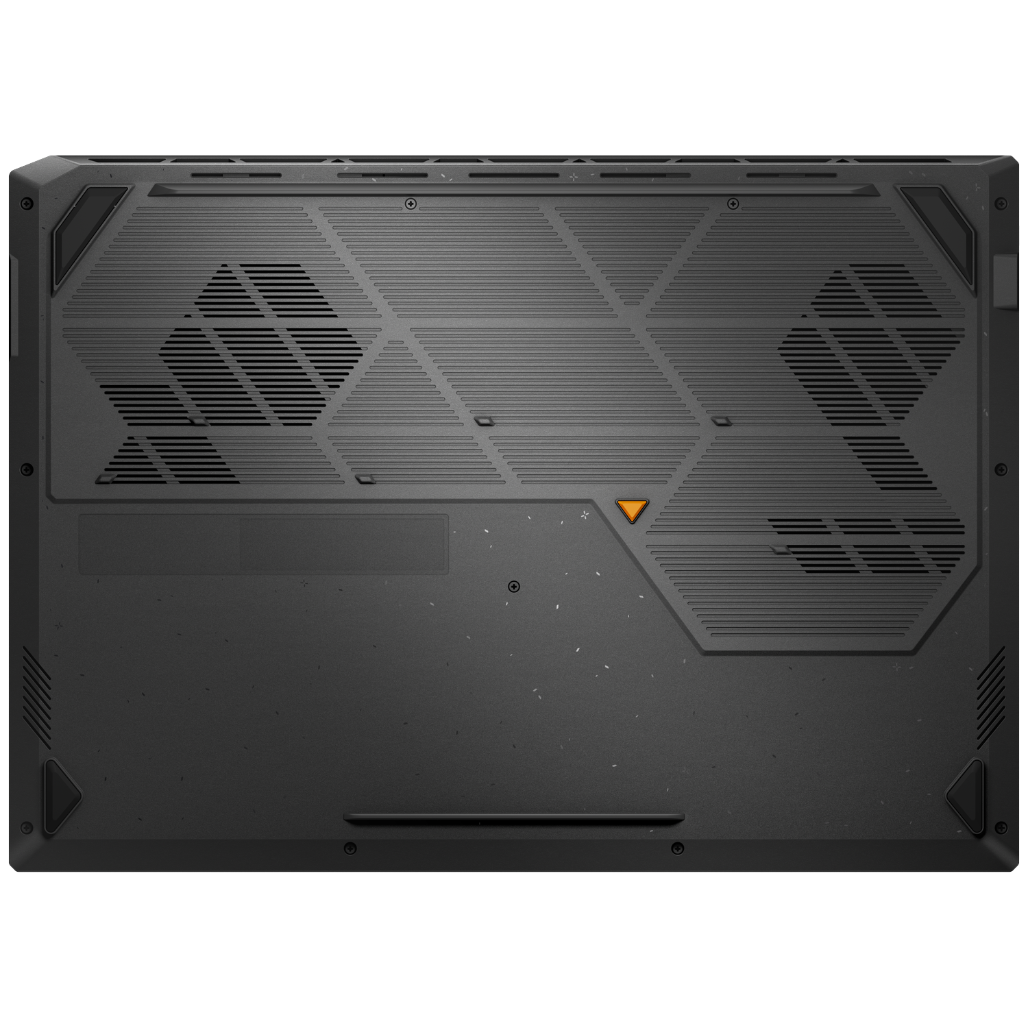 Underside of a dark laptop with ventilation grilles and an orange logo.