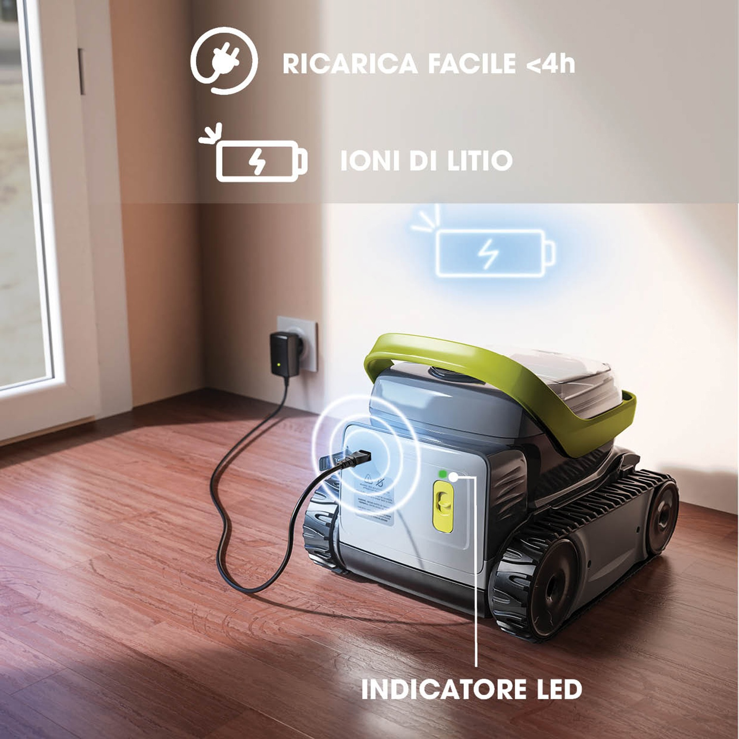 Un robot pulitore si ricarica tramite cavo collegato alla presa. Indicatore LED visibile.