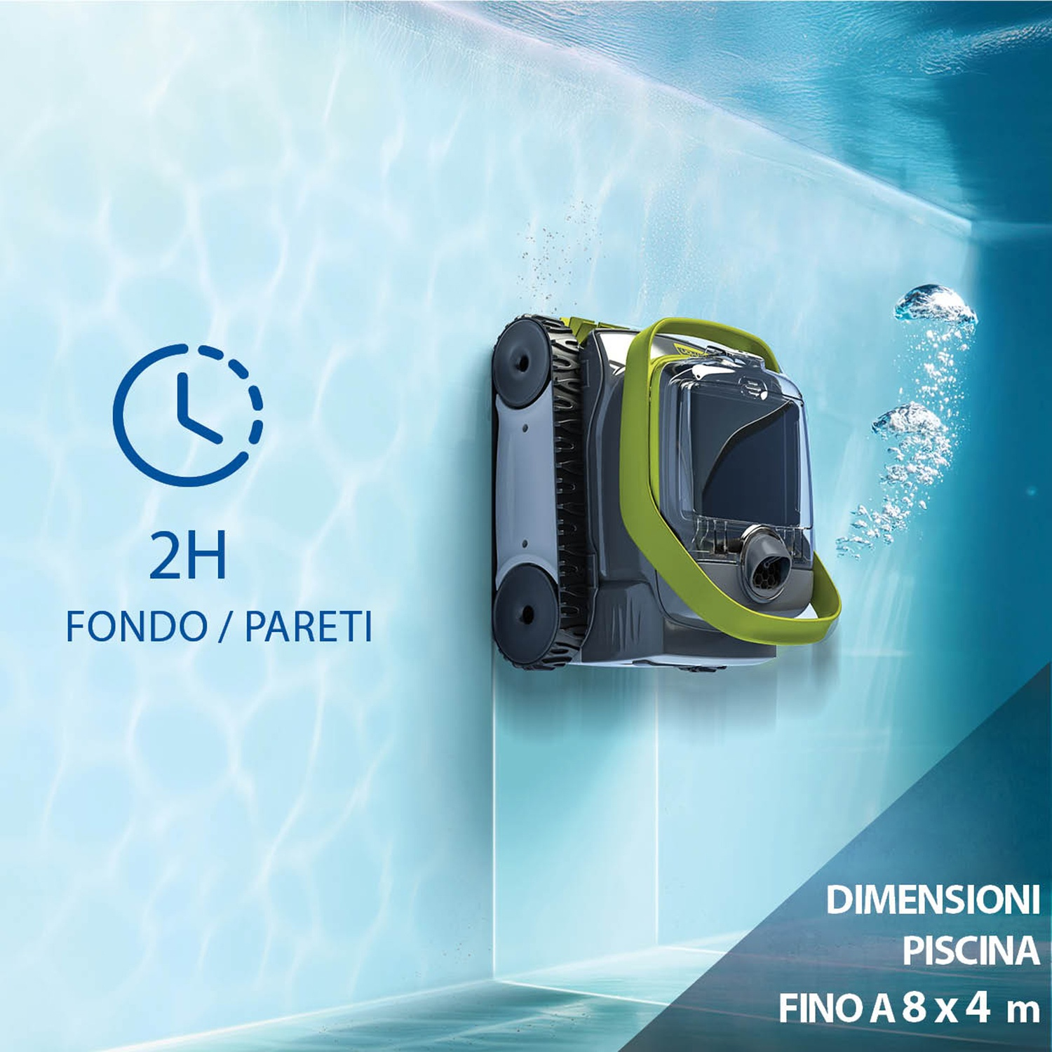 Un pulitore per piscine con ruote e maniglia vicino a una parete azzurra.