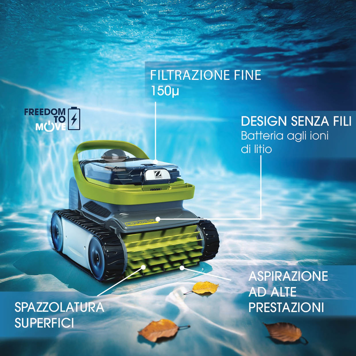 Un robot pulitore per piscine verde con cingoli si muove sott'acqua. Foglie sul fondo.