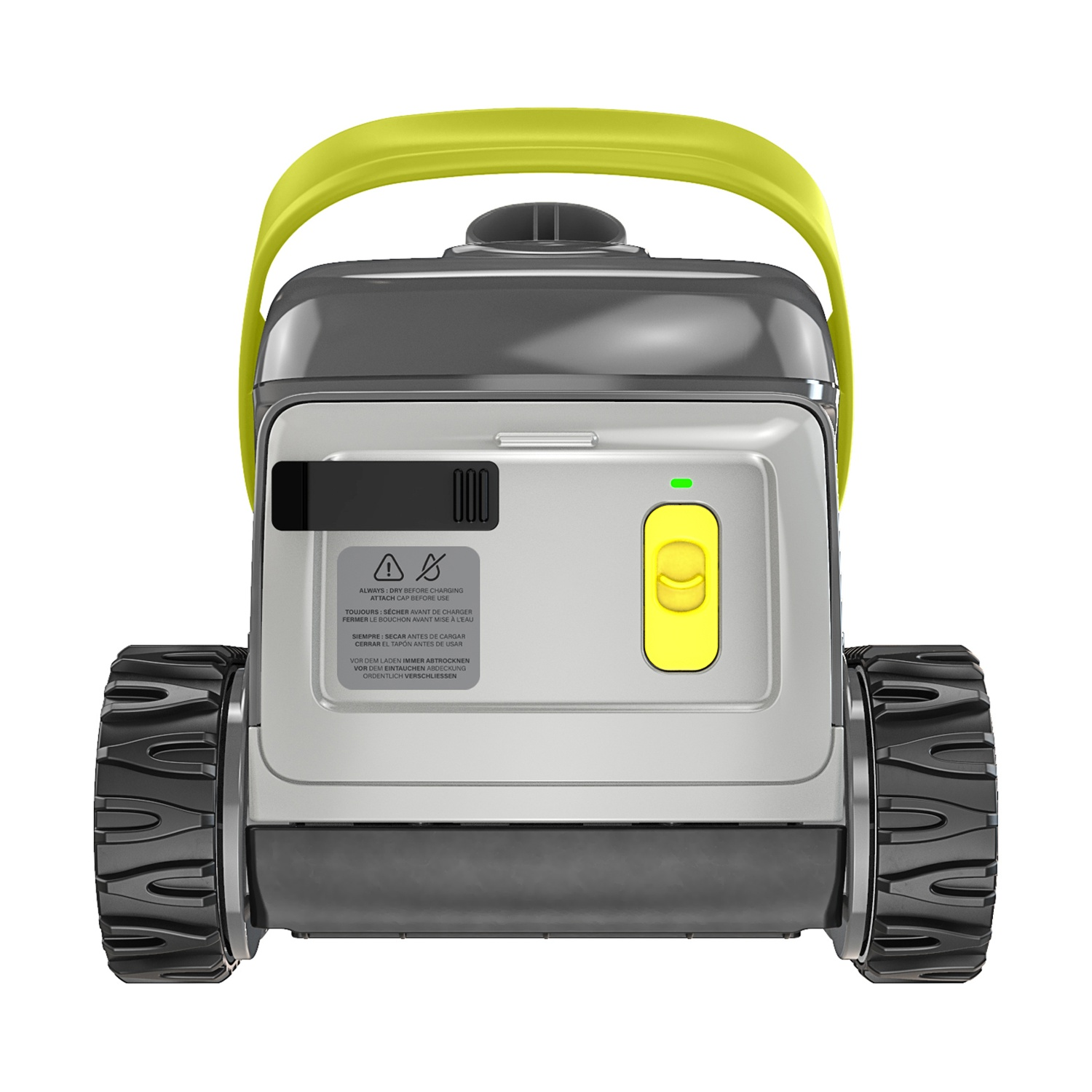 Un robot da piscina grigio con manico giallo e ruote grandi. Etichette di avvertenza in alto.