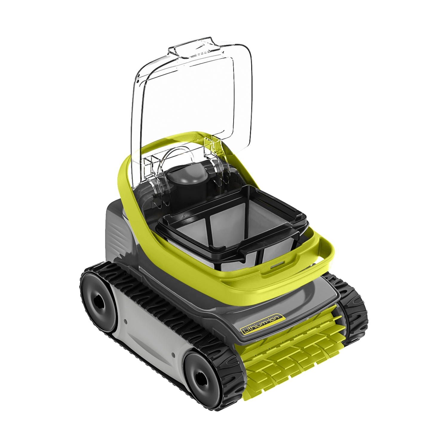 Un robot da piscina giallo e grigio con coperchio trasparente e cingoli.