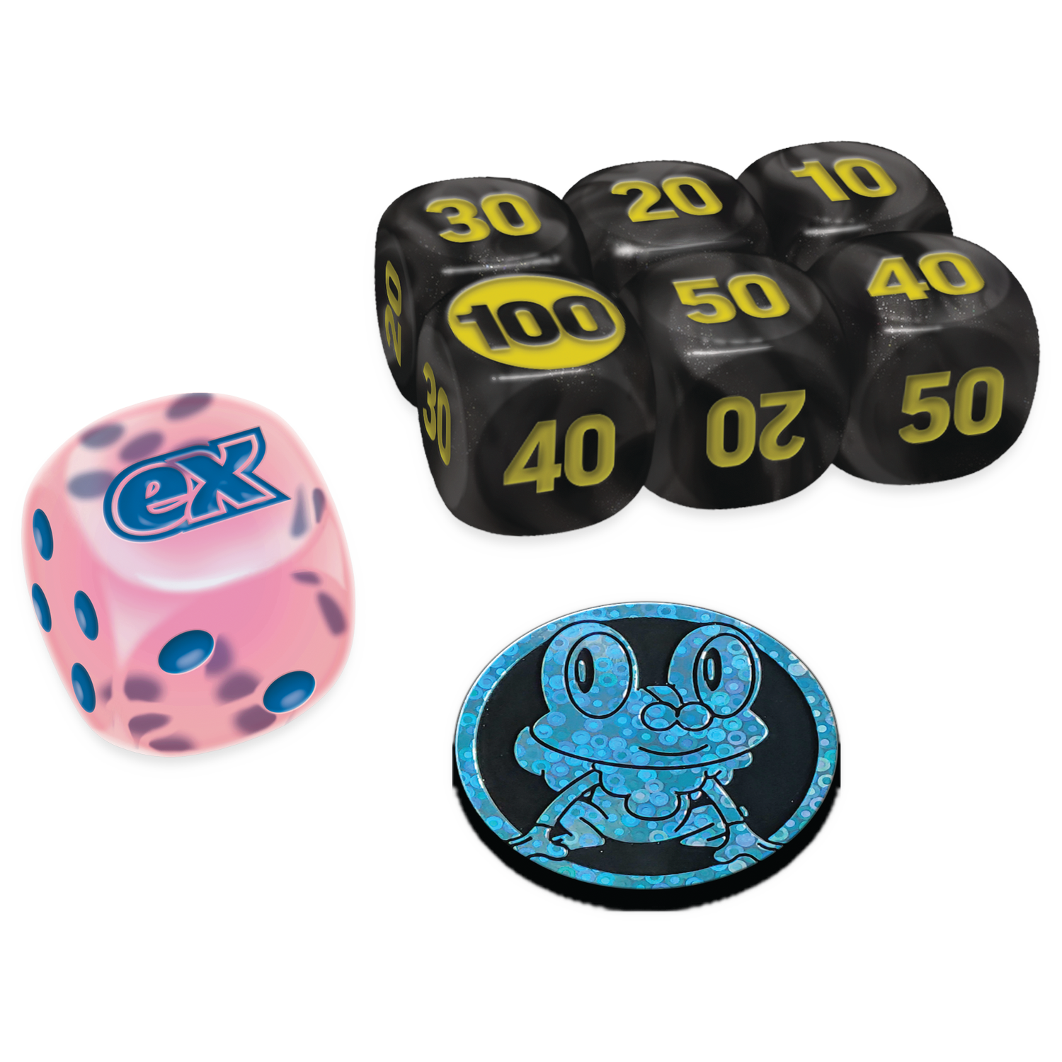 Roze dobbelsteen met blauwe stippen en 'ex' logo, zwarte dobbelstenen met gele cijfers, blauwe kikker munt.