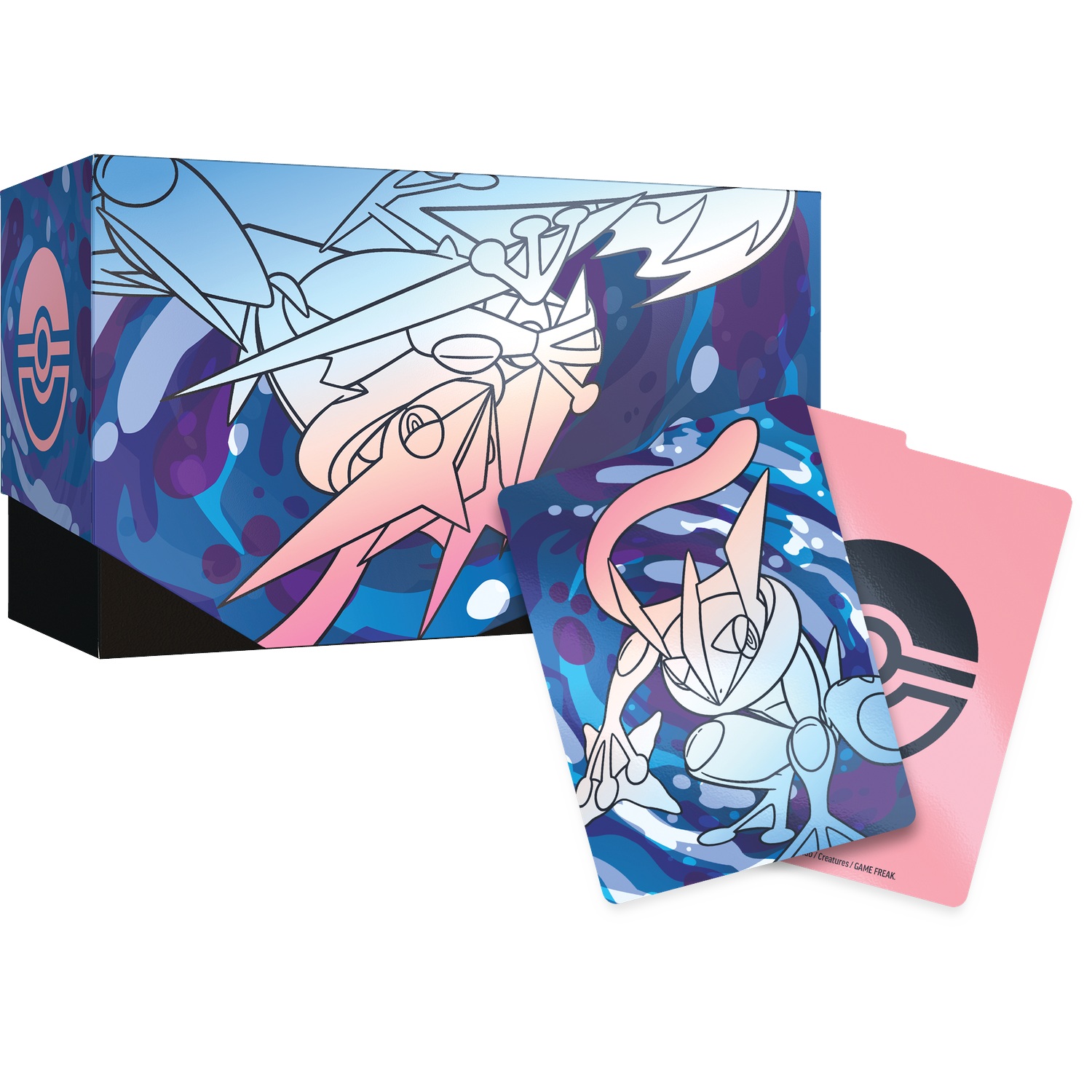 Een Pokémon box set met Greninja artwork op een blauwe en roze kaart.