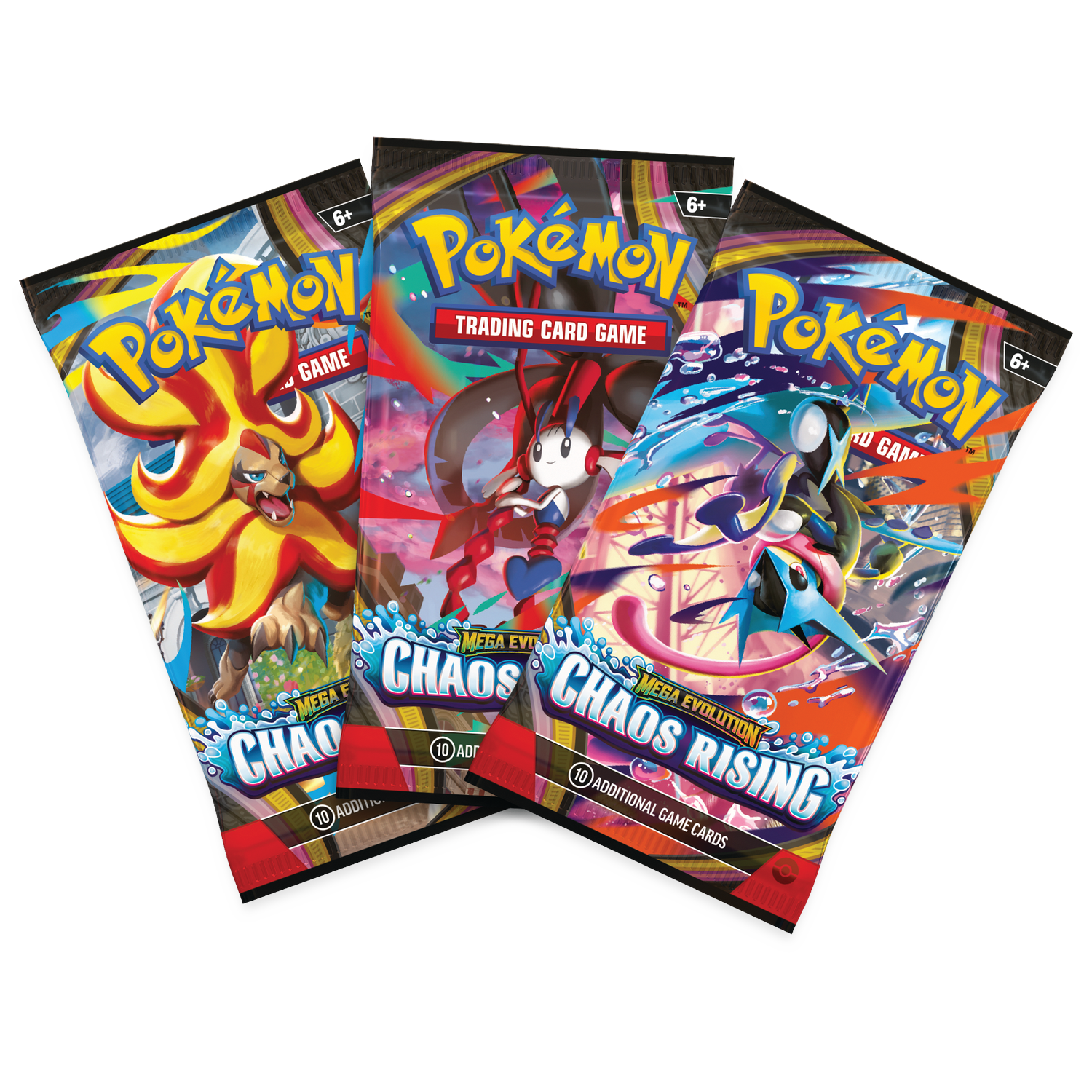 Drie Pokémon Trading Card Game pakjes met verschillende ontwerpen.