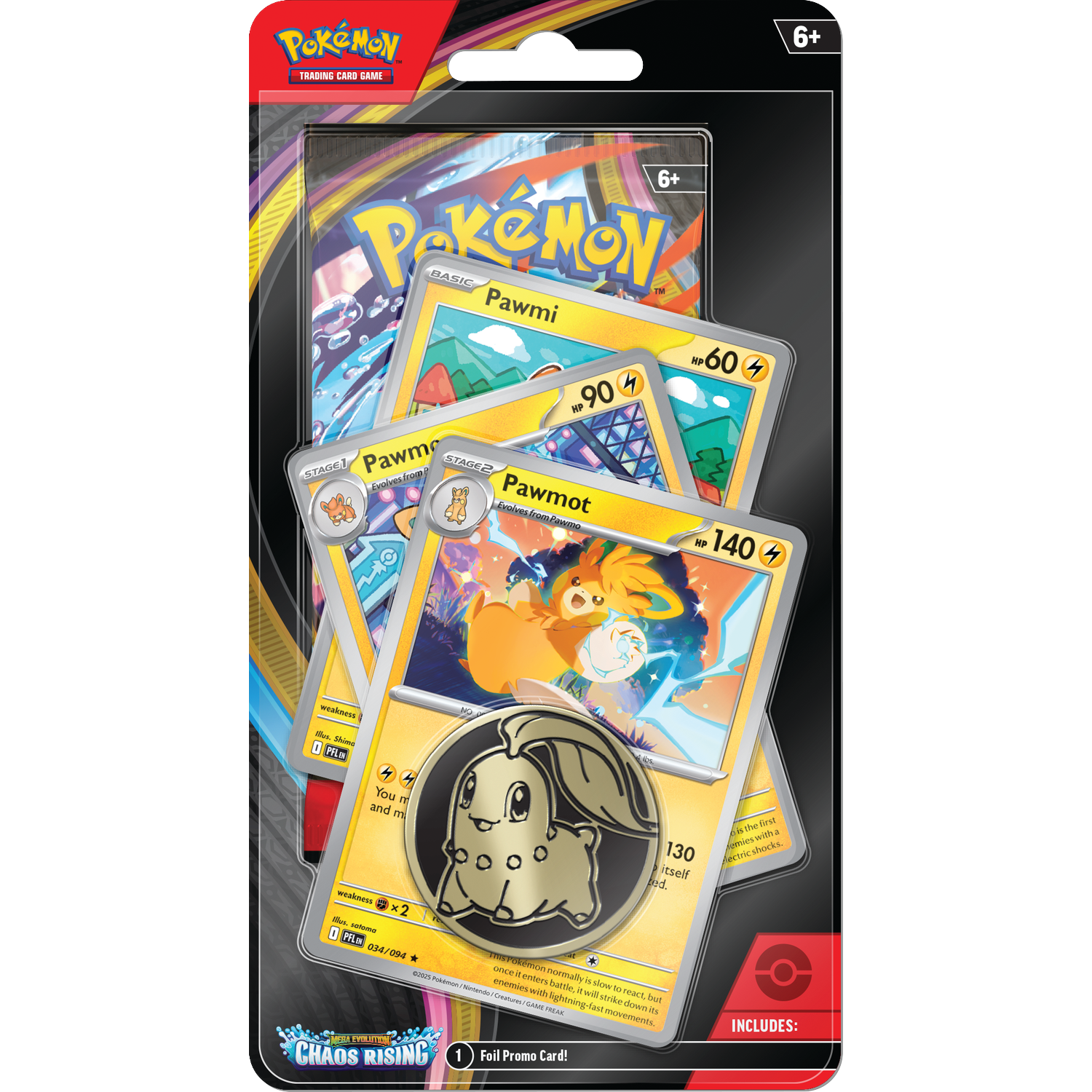 Pokémon Trading Card Game pack met Pawmi en Pawmot kaarten en een munt.