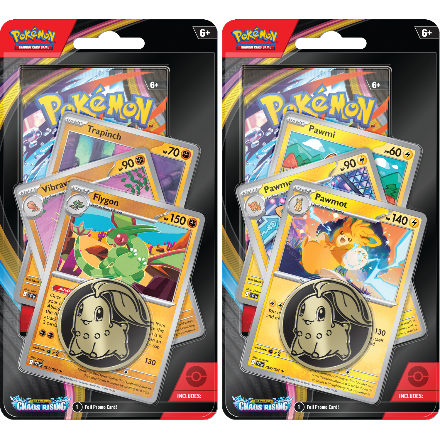 Twee Pokémon kaartenpakketten met Trapinch, Flygon en Pawmi kaarten.