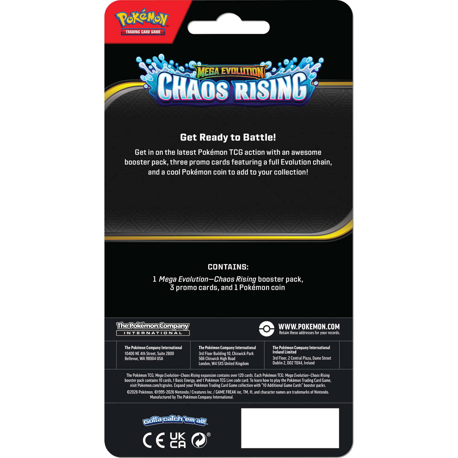 Pokémon Chaos Rising TCG-verpakking met tekst over inhoud en logo's.