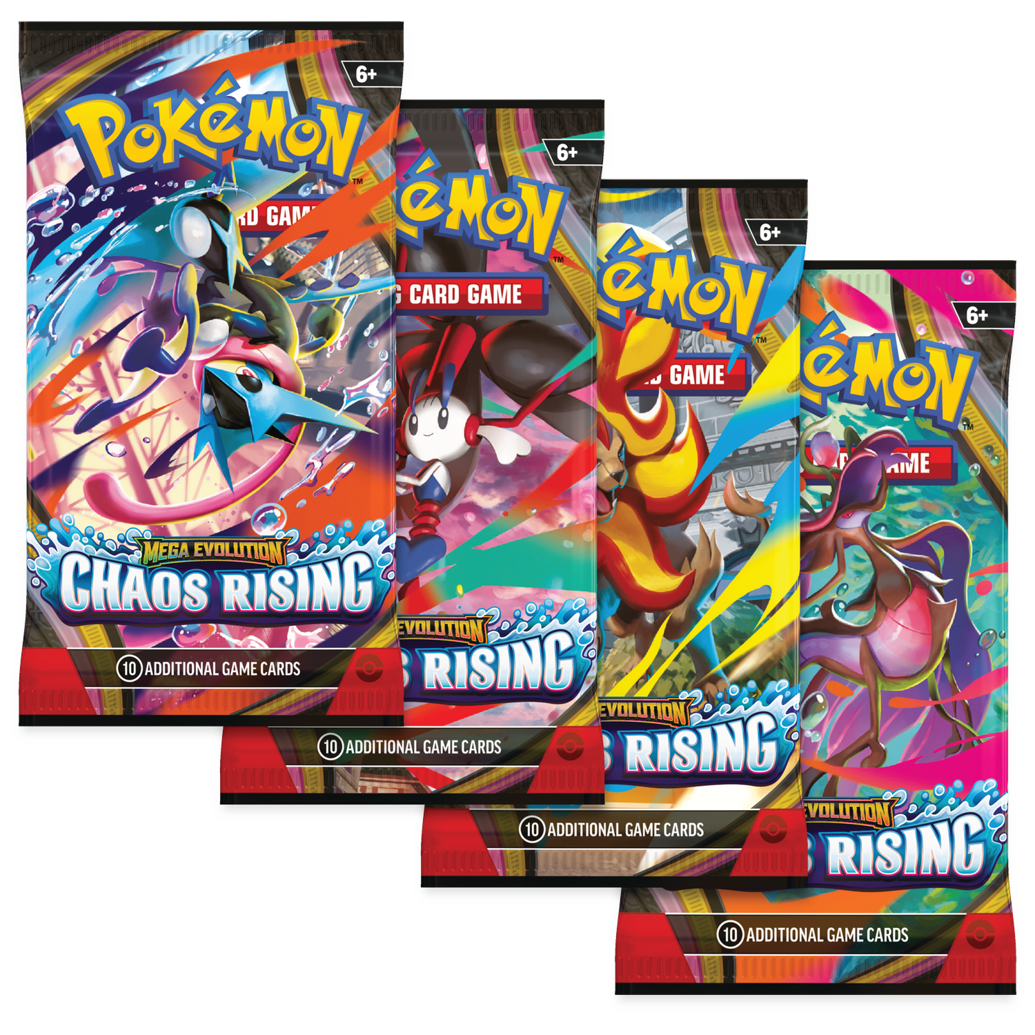 Four Pokémon Trading Card Game packs with different Pokémon illustrations.