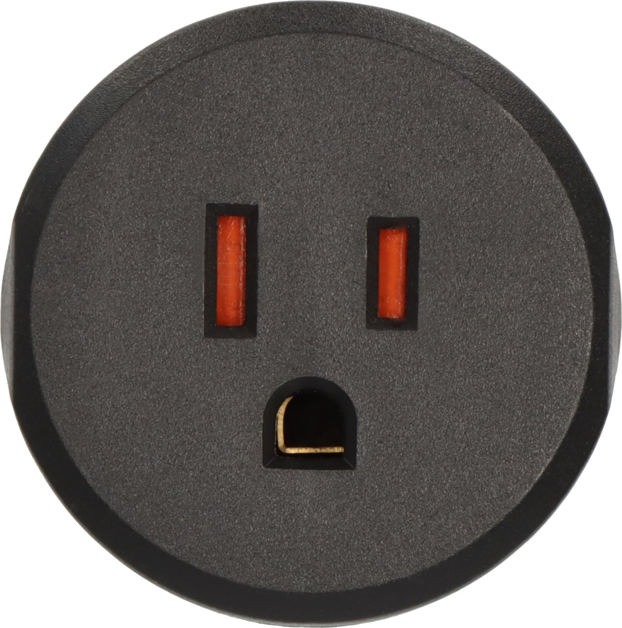Ein schwarzer Steckeradapter mit drei Schlitzen: zwei vertikalen und einem runden.
