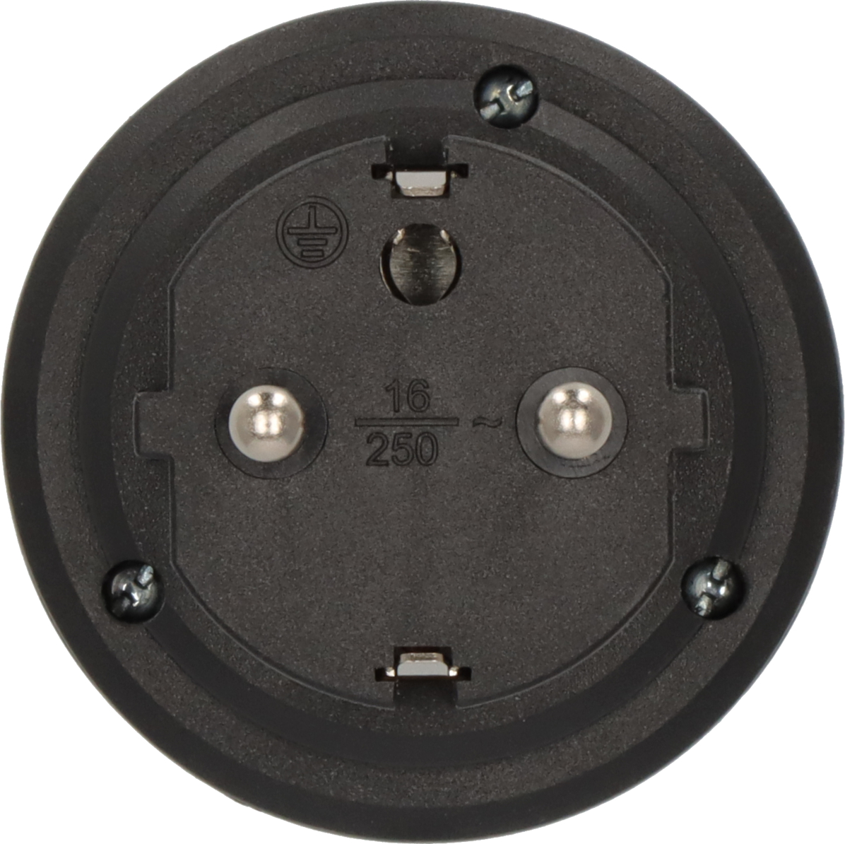 Schwarzer Stecker mit Erdungssymbol und 16/250 Markierung.
