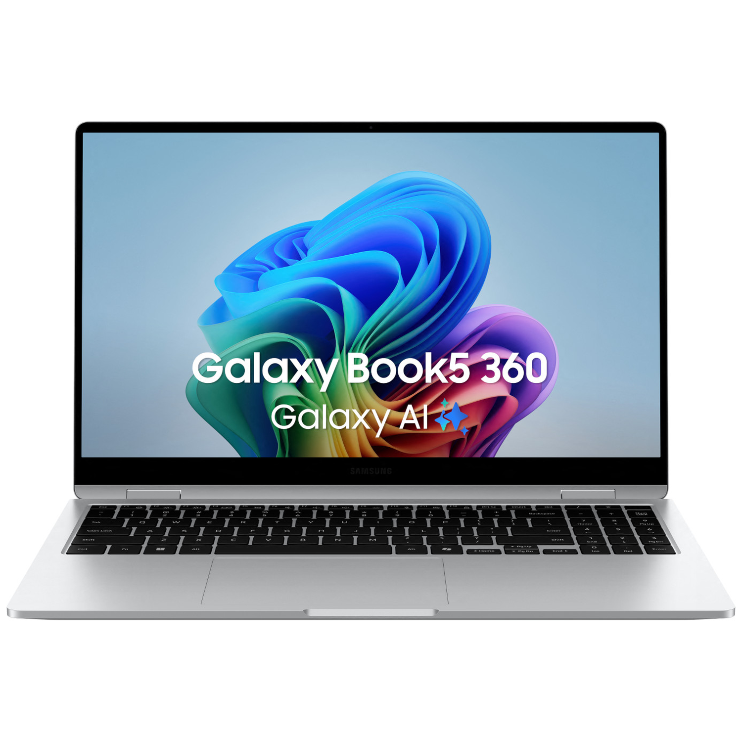Een open zilveren laptop met een kleurrijke achtergrondafbeelding op het scherm.