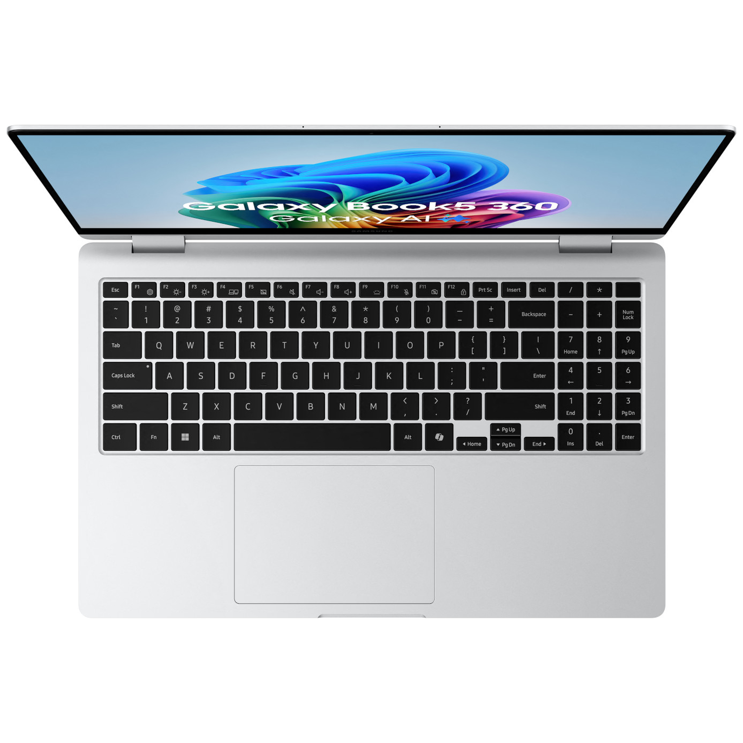 Een zilveren Samsung Galaxy Book5 360 laptop is open, met een kleurrijke achtergrond op het scherm.