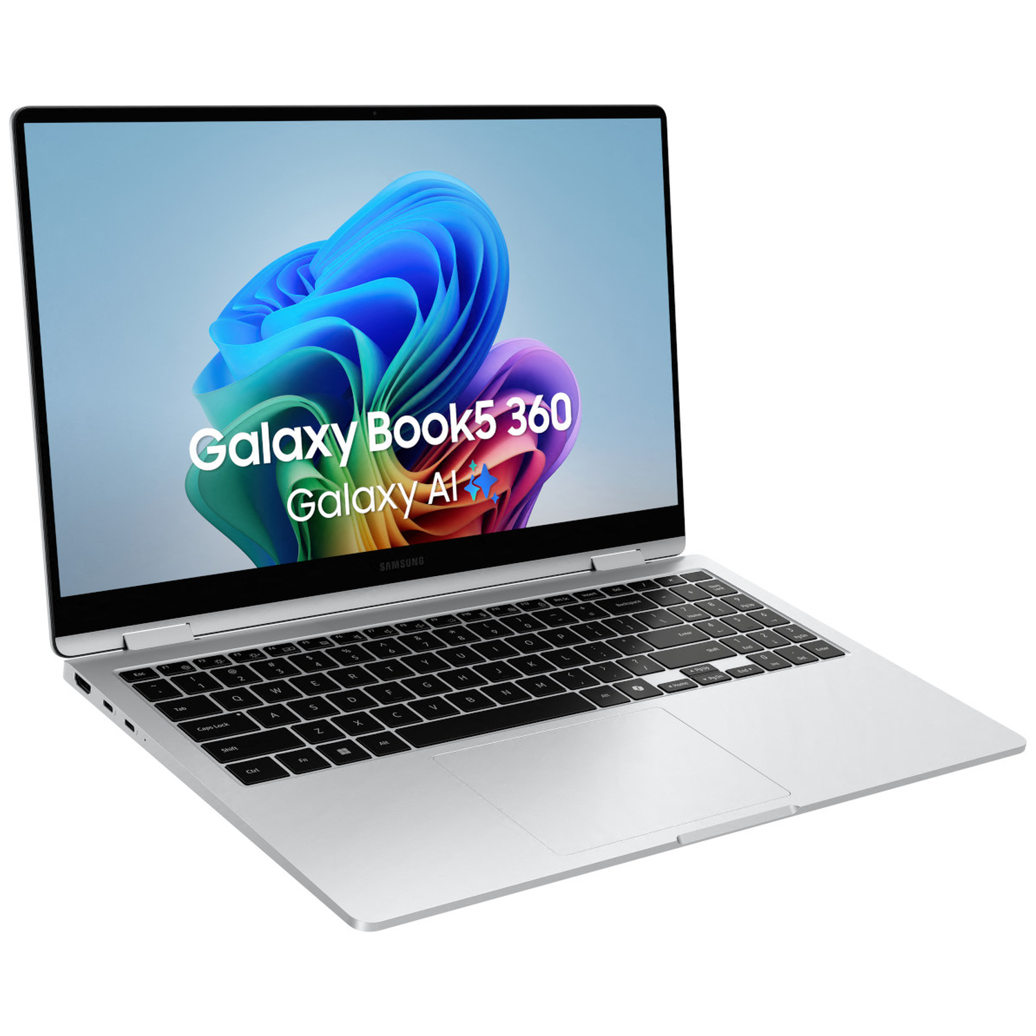 Een zilveren Samsung Galaxy Book5 360 laptop met een kleurrijke achtergrondafbeelding op het scherm.