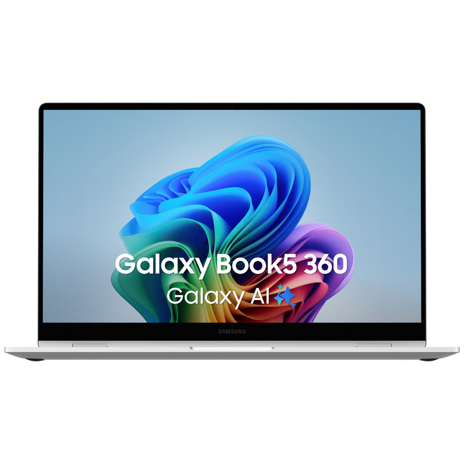 Een zilveren Samsung Galaxy Book 5 360 laptop met kleurrijke achtergrond.