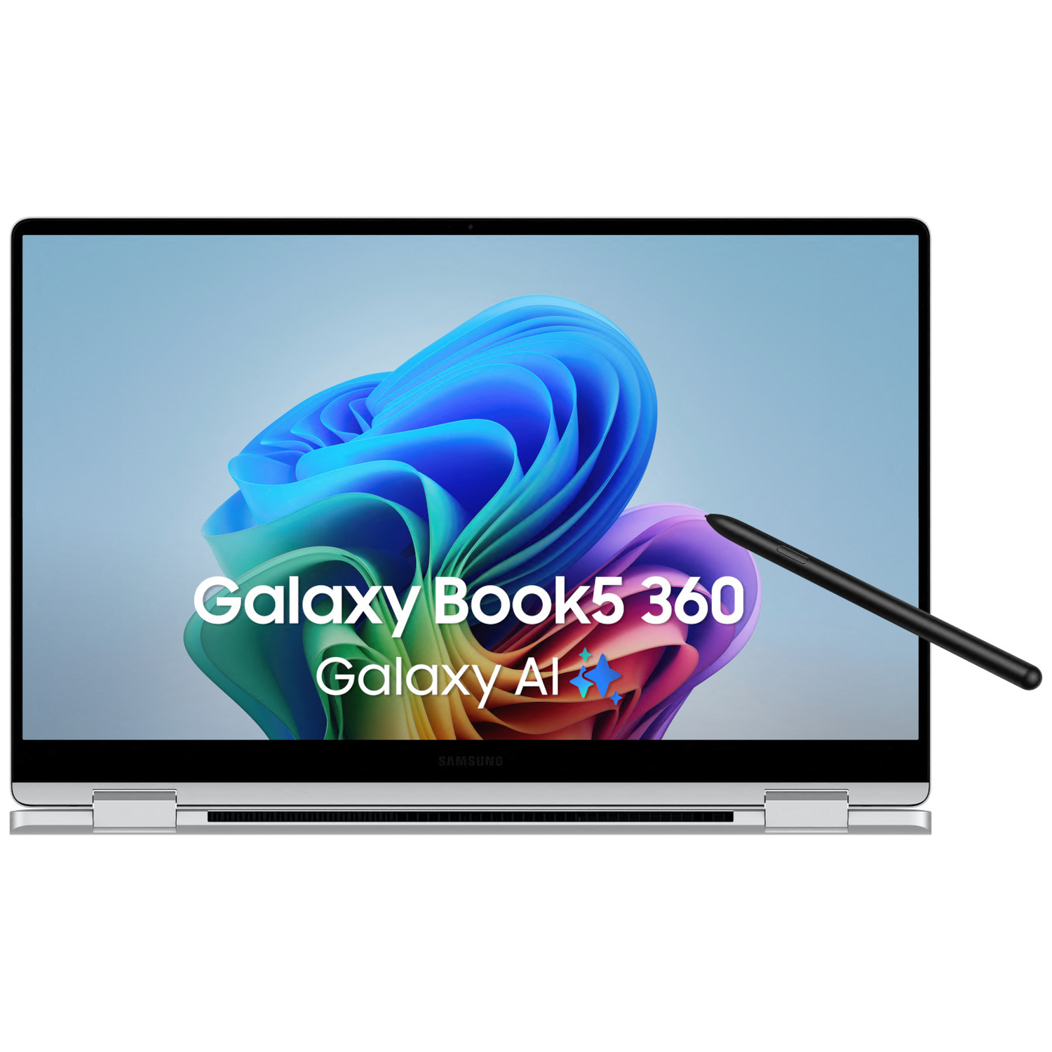 Een open Samsung Galaxy Book 5 360 laptop met S-Pen tegen een kleurrijke achtergrond.