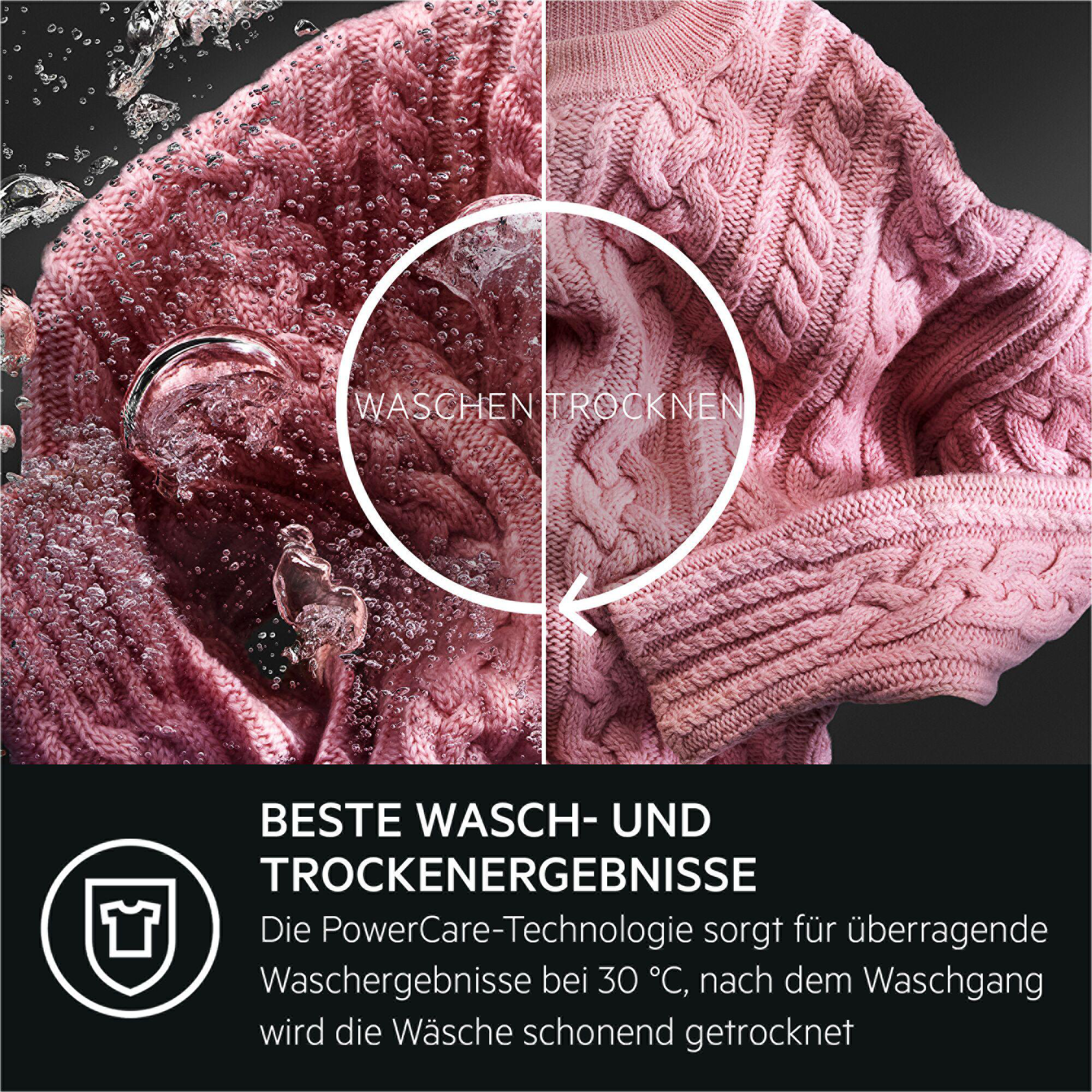 Rosa Strickpullover im Wasser und trocken daneben mit Text Waschen Trocknen.