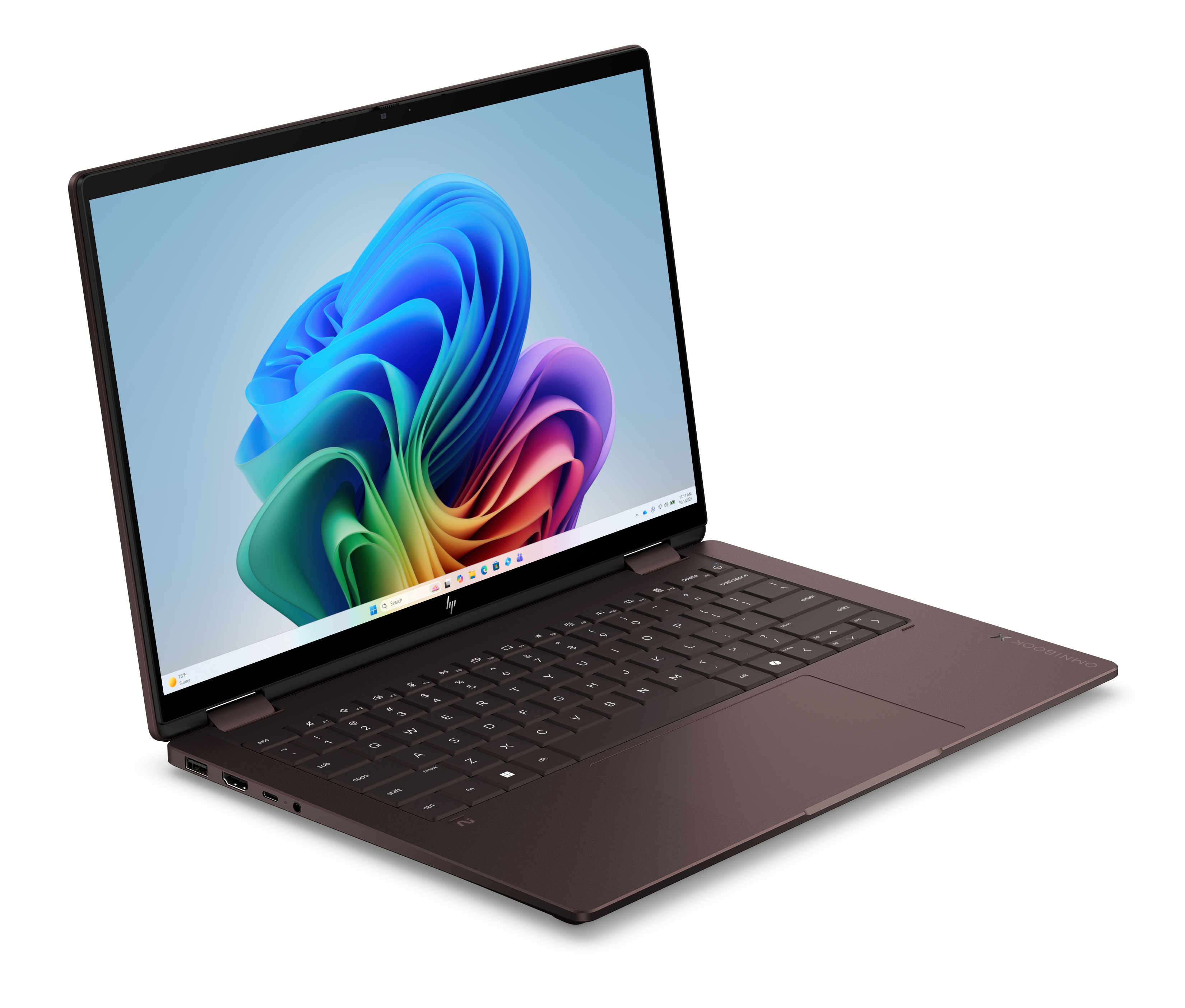 Brązowy laptop HP z otwartym ekranem, wyświetlający kolorową tapetę systemu Windows.