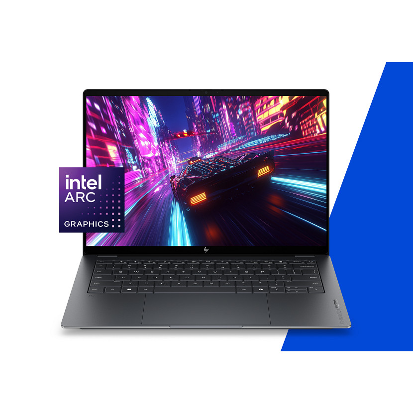 Laptop z grafiką Intel Arc wyświetla futurystyczny samochód na neonowej ulicy.