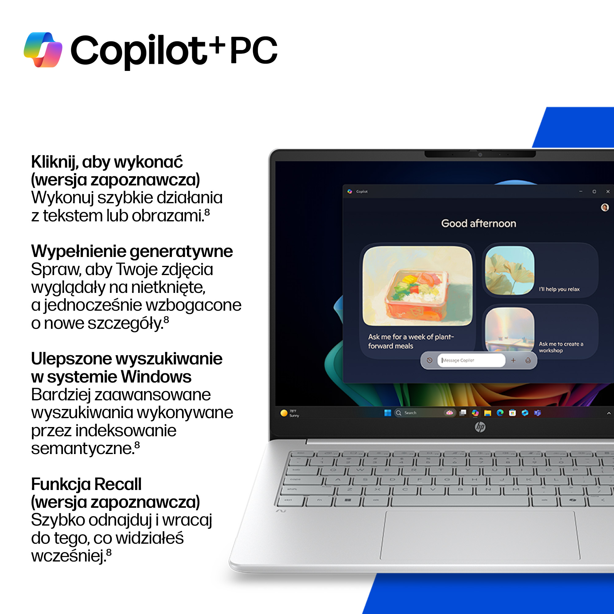 Widoczny jest laptop z logo Copilot+PC i interfejsem użytkownika.