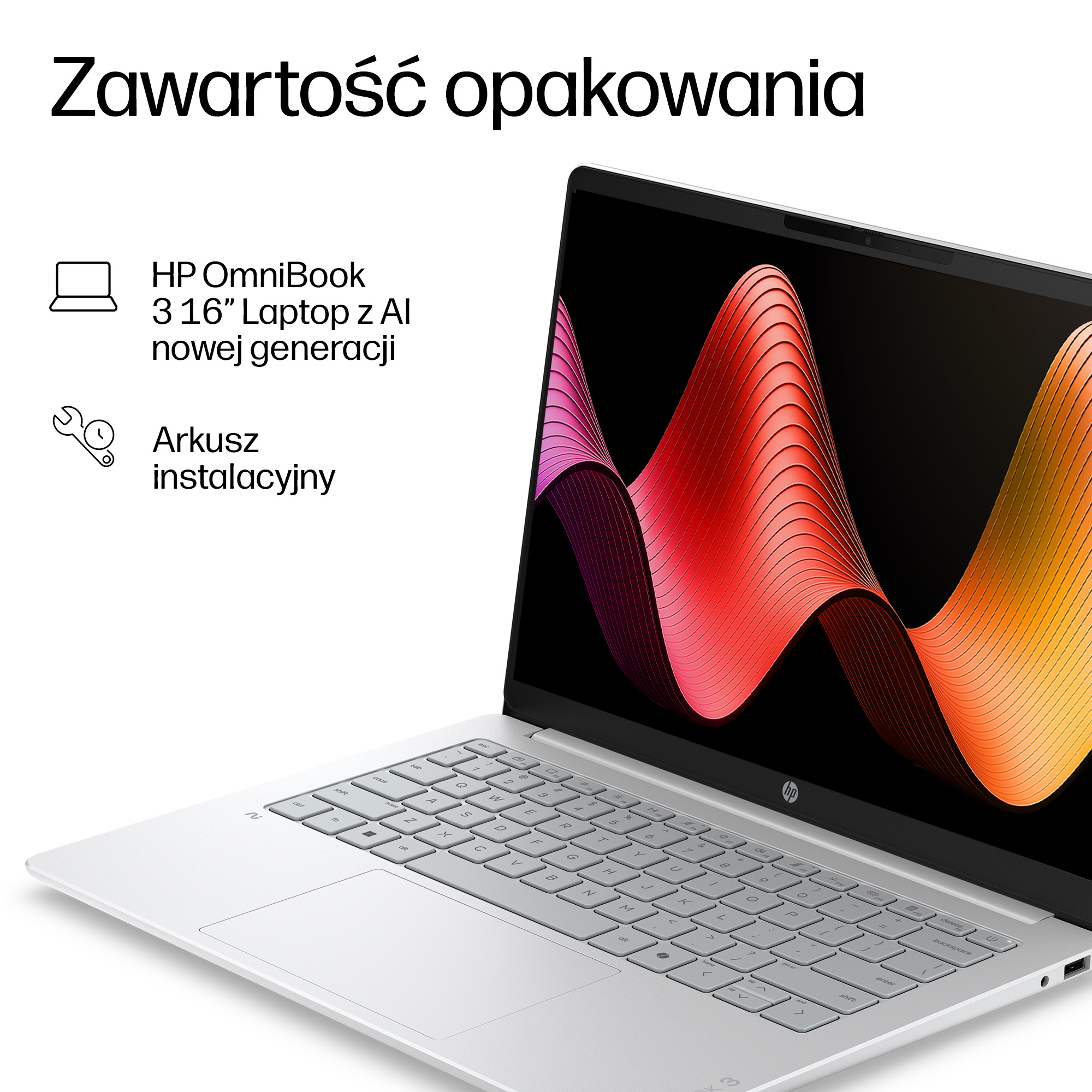 Srebrny laptop HP OmniBook z kolorowym, falistym obrazem tła na ekranie.