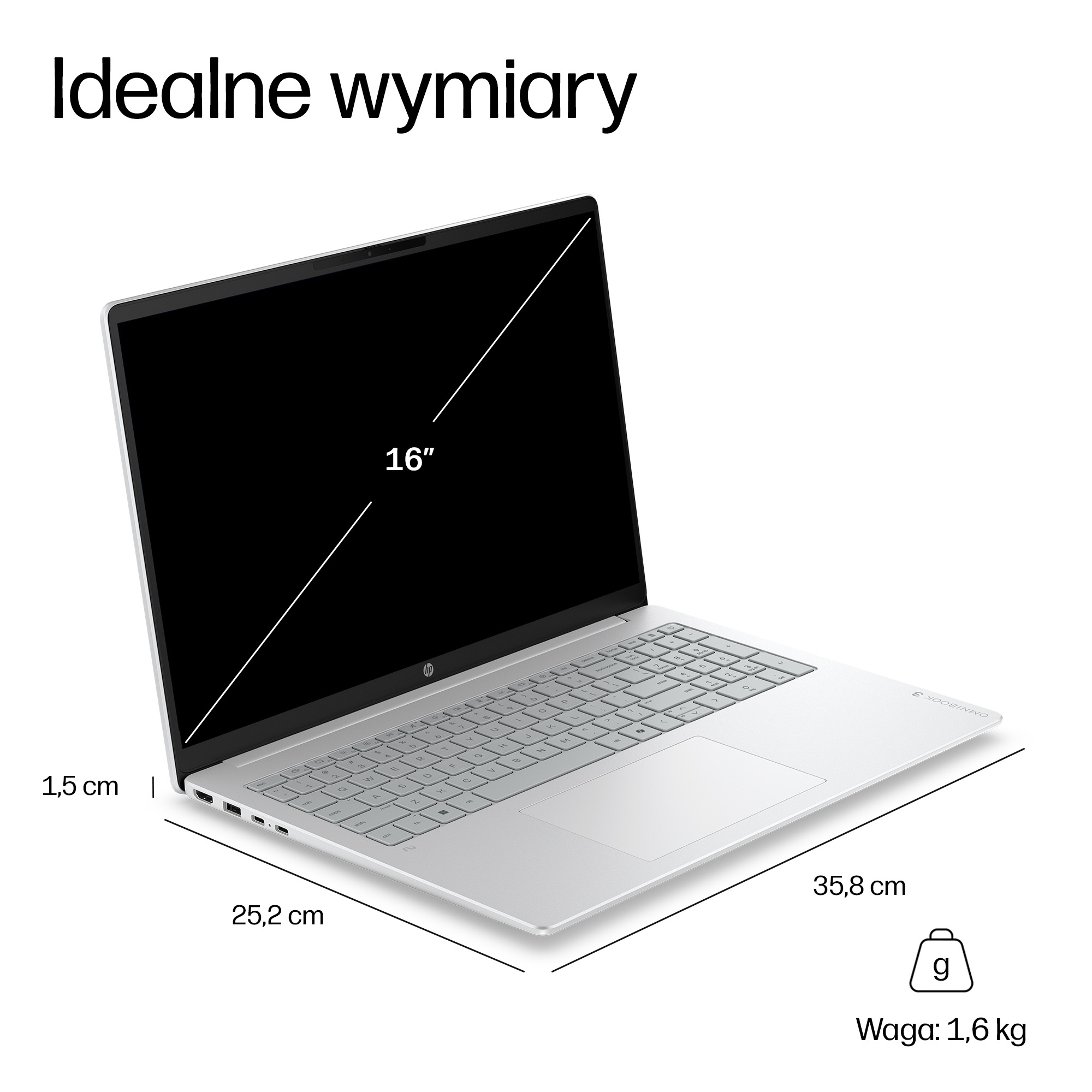 Biały laptop HP z ekranem 16 cali, szerokość 35,8 cm, głębokość 25,2 cm, grubość 1,5 cm, waga 1,6 kg.