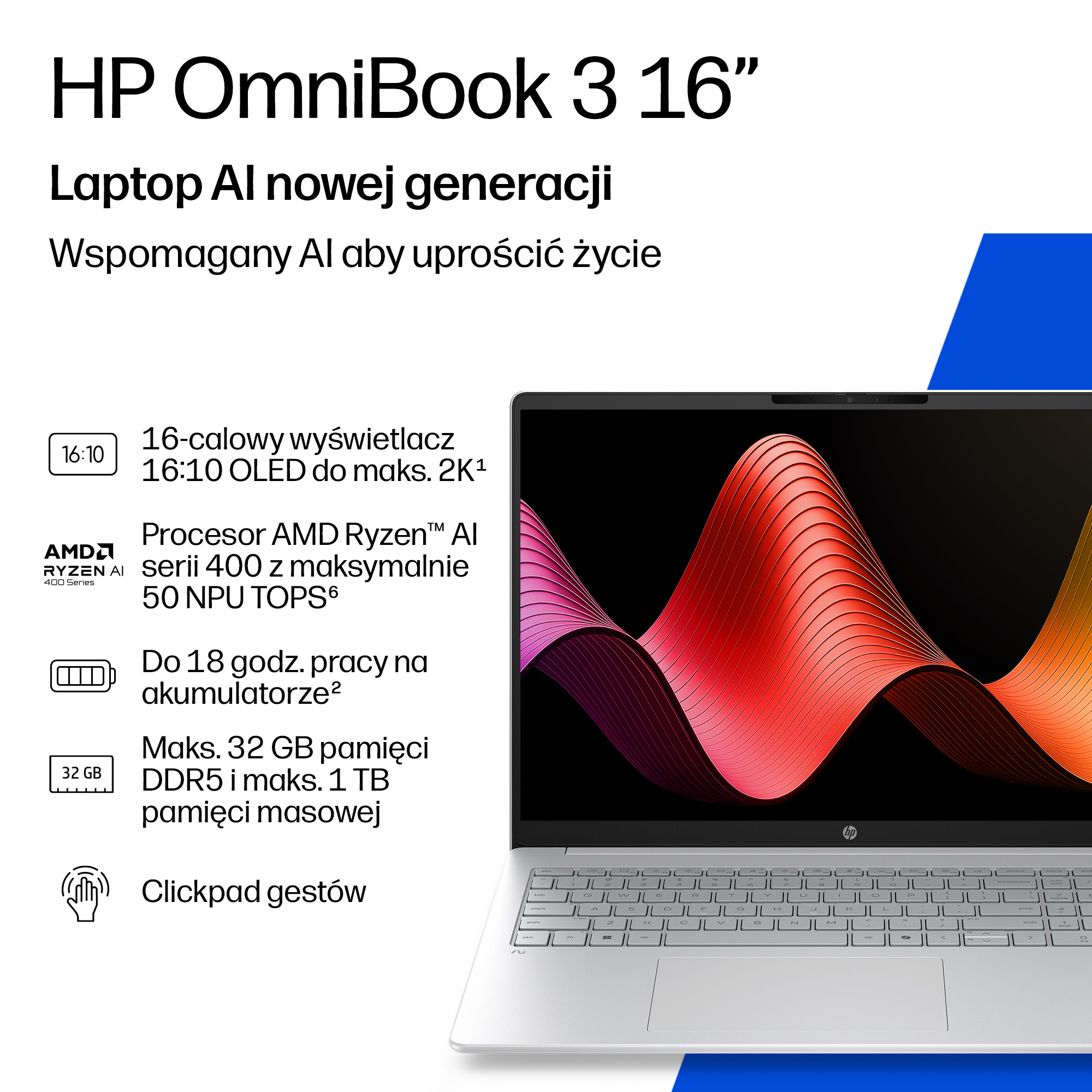 Laptop HP OmniBook 3 16" z procesorem AMD Ryzen AI, wyświetlaczem OLED 16:10.