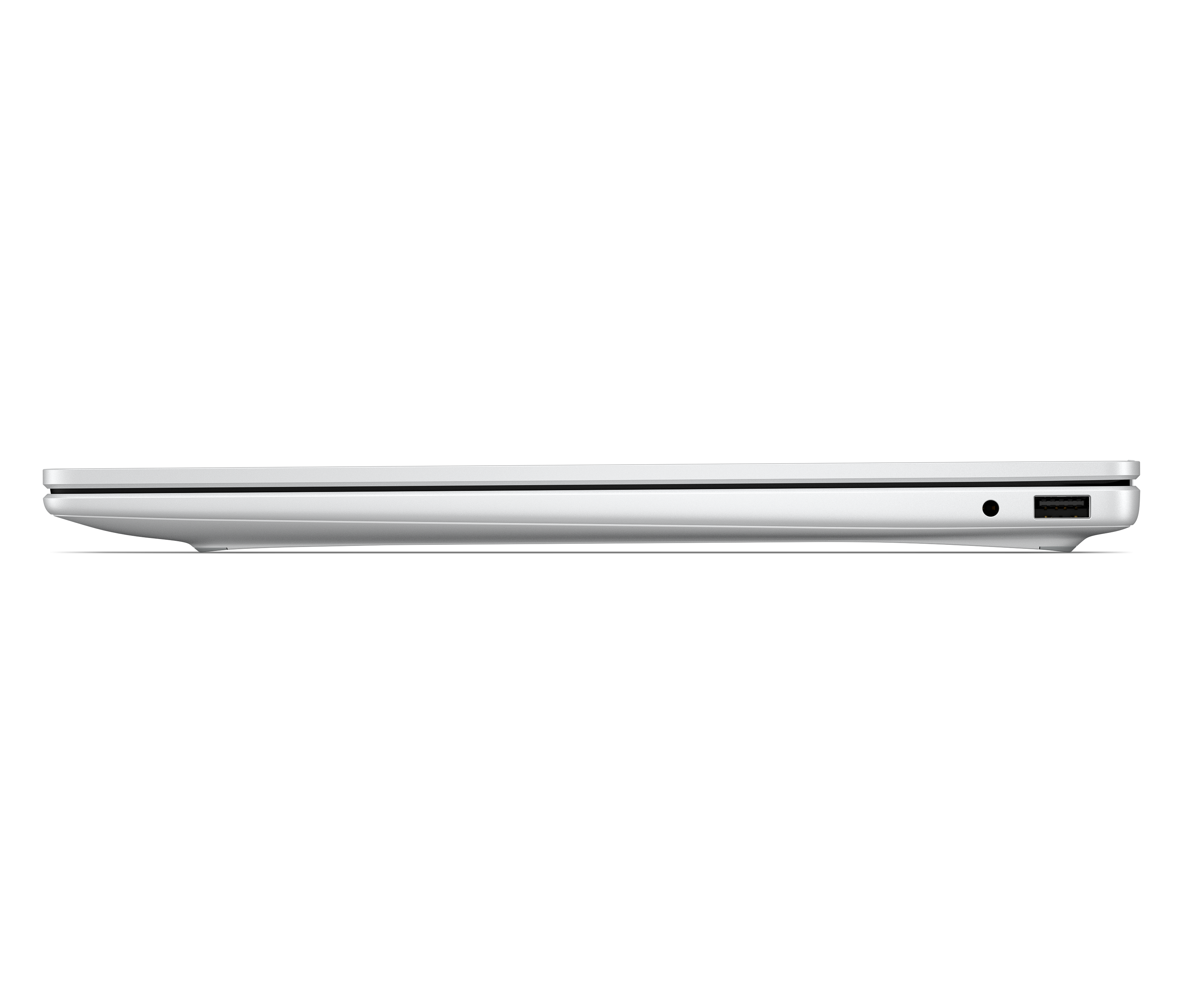 Biały laptop z boku, widoczne porty.