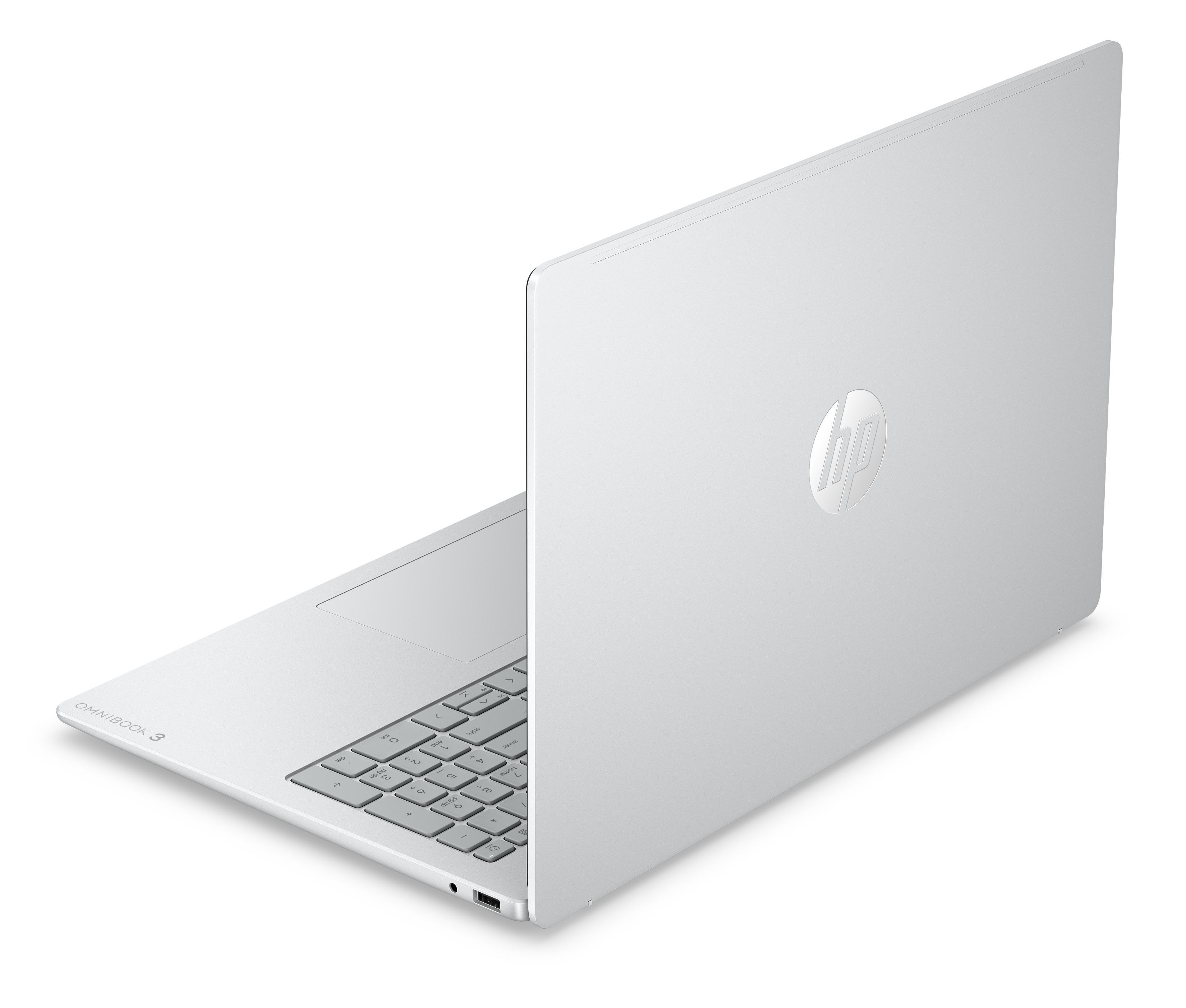 Biały laptop HP Omnibook 3 z klawiaturą i logo HP.