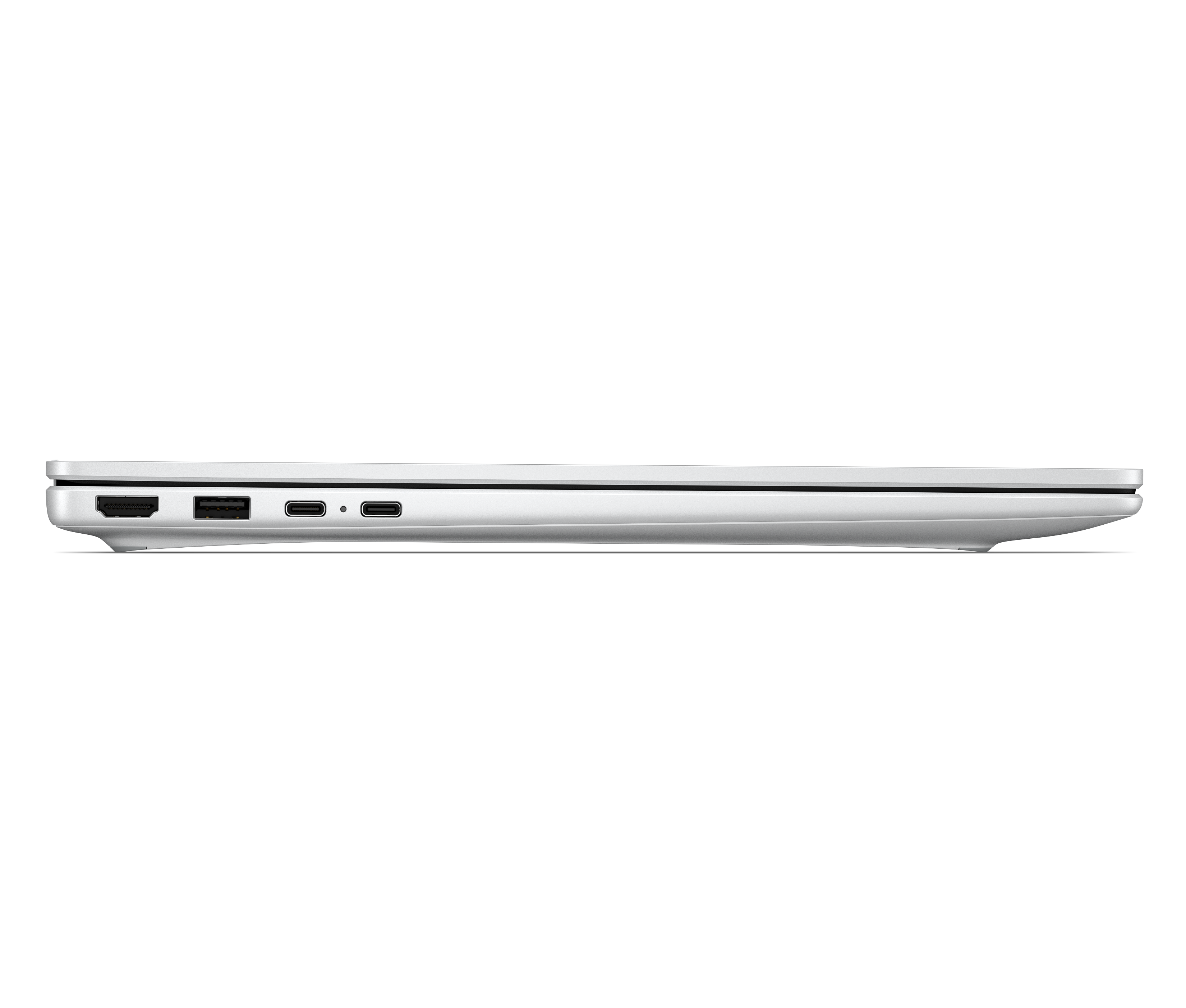 Widok z boku białego laptopa, pokazujący porty HDMI, USB-A i dwa USB-C.