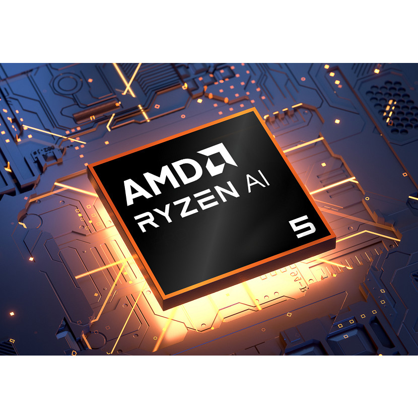 Procesor AMD Ryzen AI na płycie obwodu drukowanego z podświetlanymi liniami.