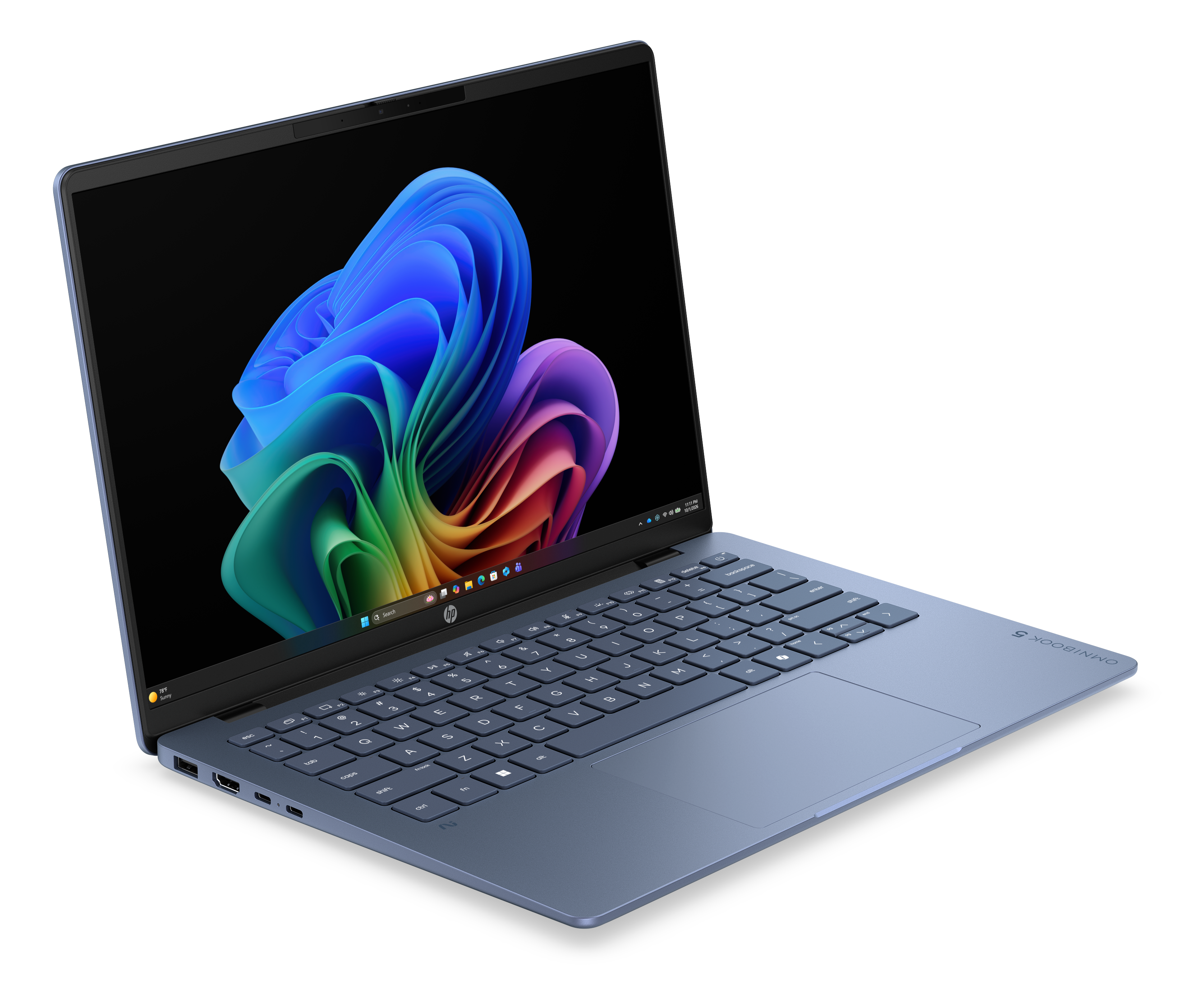Niebieski laptop HP Omnibook 5 wyświetlający kolorową tapetę na ekranie.