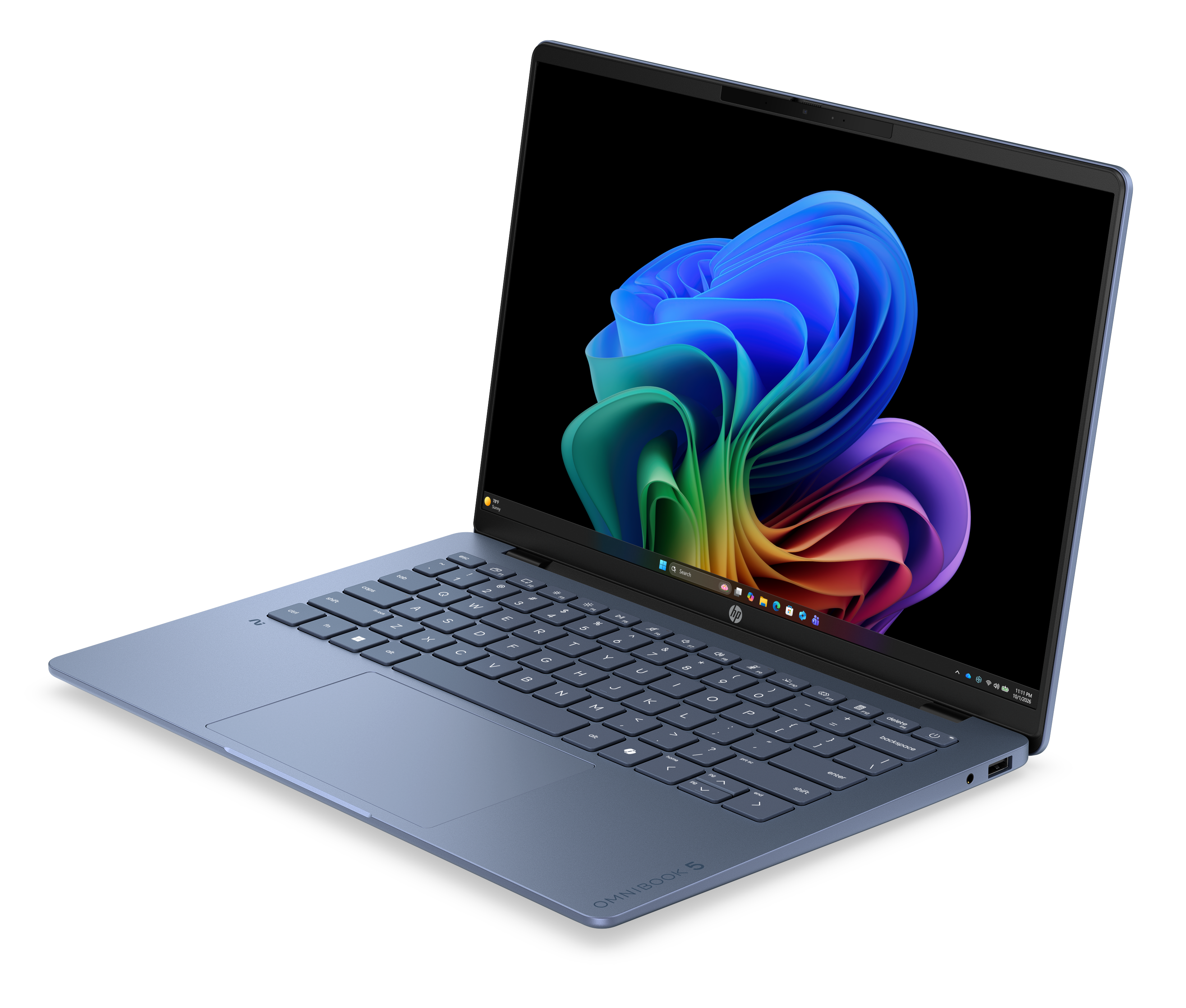 Otwarty niebieski laptop z kolorową tapetą pulpitu.