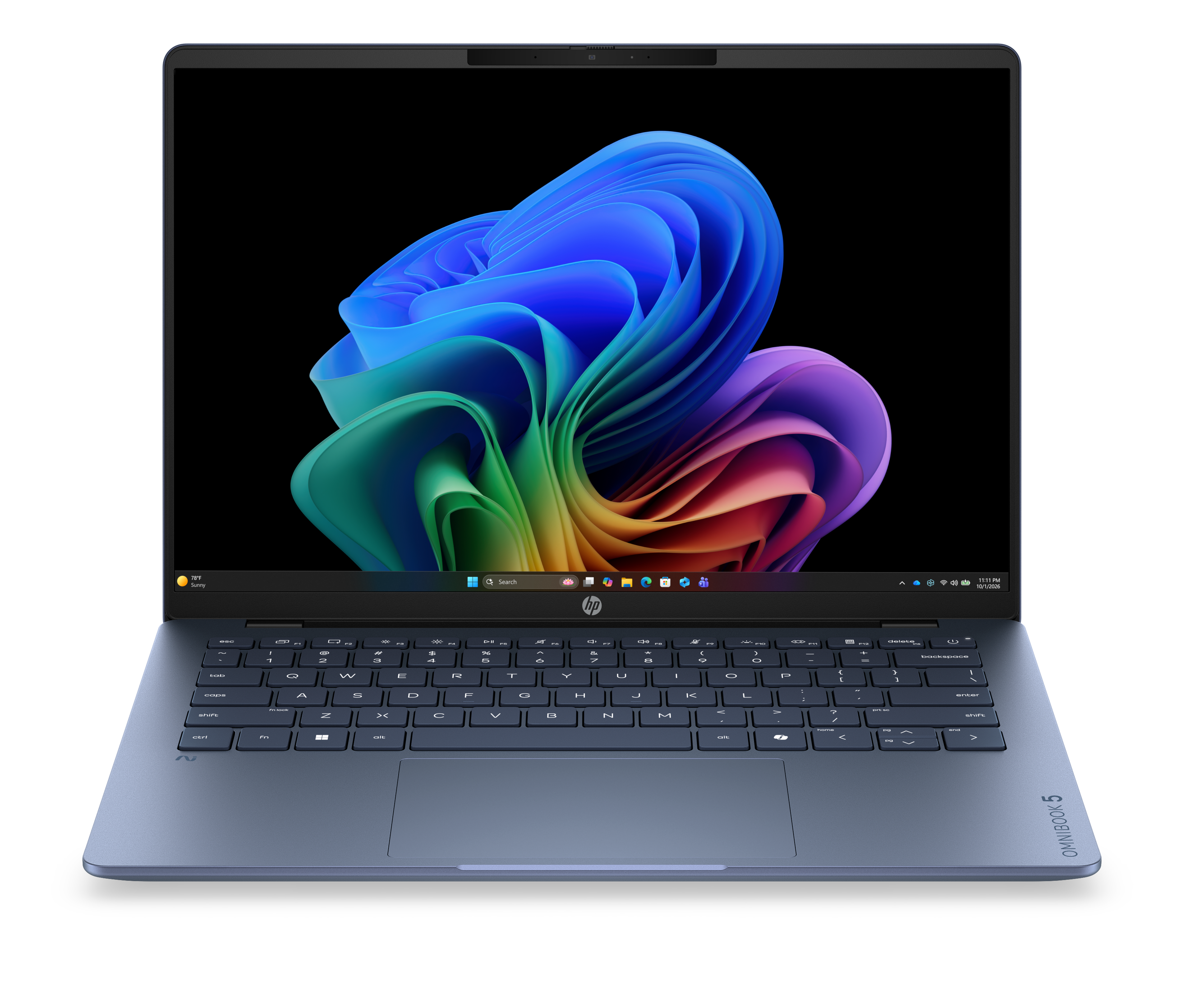 Niebieski laptop jest otwarty. Na ekranie kolorowy, abstrakcyjny obraz.